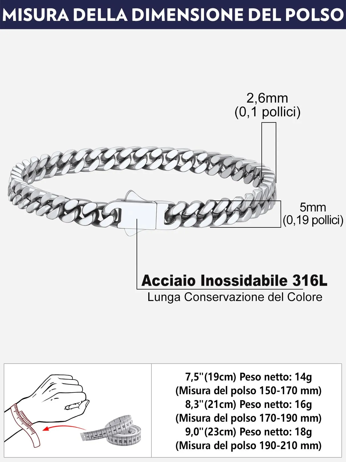 Bandmax Bracciale a Catena Cubana in Acciaio Inossidabile, 5 mm x 19 cm - immagine 7