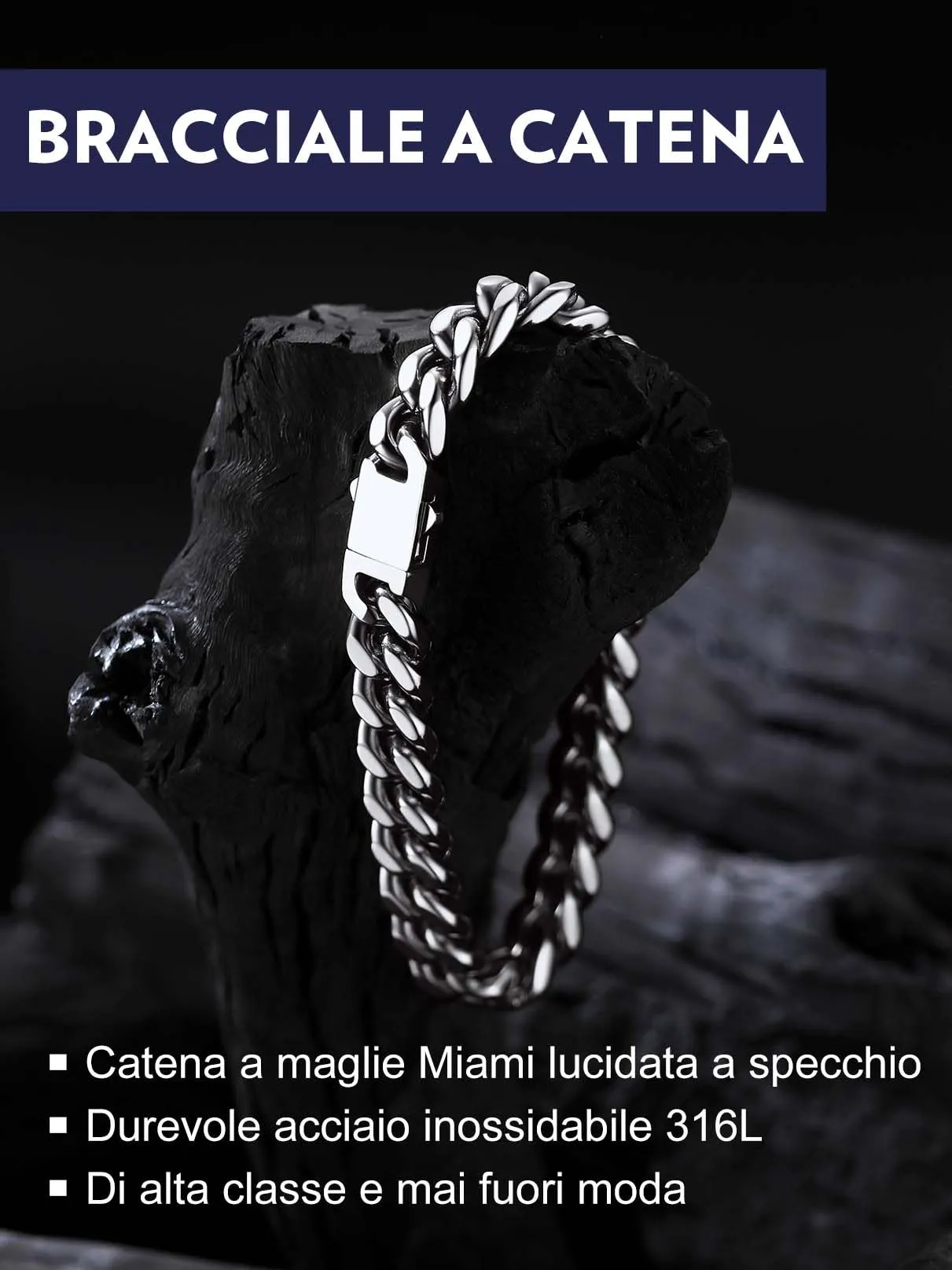 Bandmax Bracciale a Catena Cubana in Acciaio Inossidabile, 9 mm x 21 cm - immagine 4