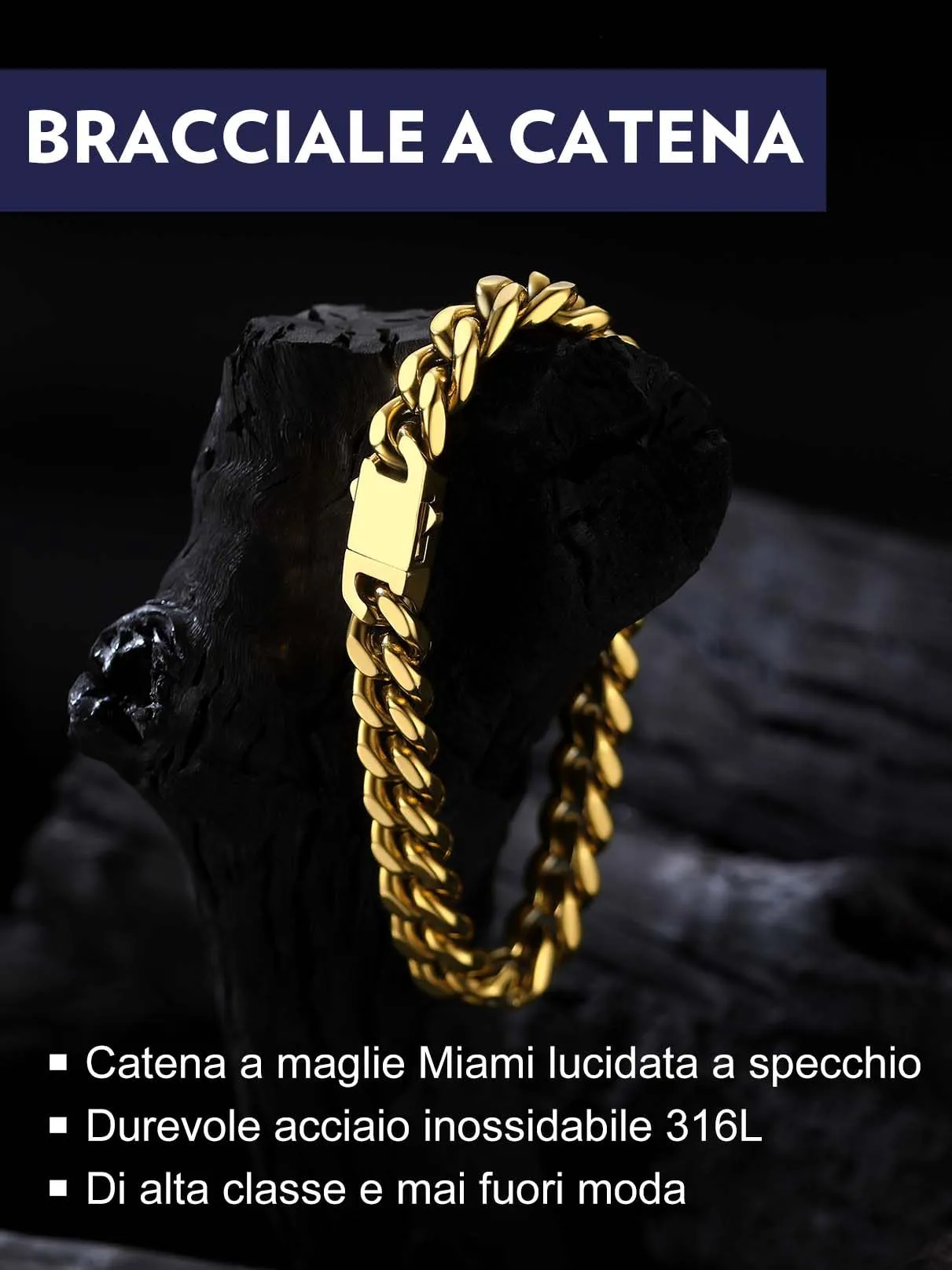 Bandmax Bracciale a Catena Cubana in Acciaio Inossidabile Placcato Oro 18K, 9mm x 21cm - immagine 4