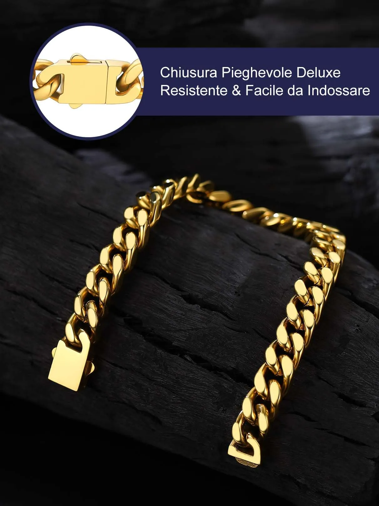 Bandmax Bracciale a Catena Cubana in Acciaio Inossidabile Placcato Oro 18K, 9mm x 21cm - immagine 5