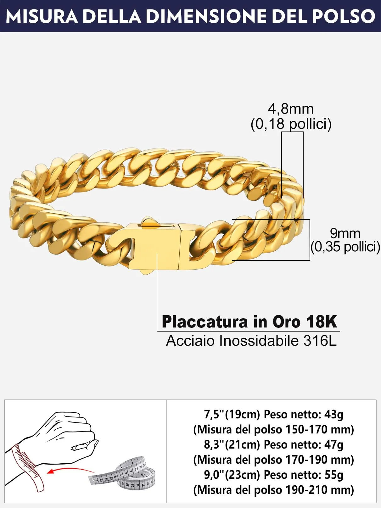 Bandmax Bracciale a Catena Cubana in Acciaio Inossidabile Placcato Oro 18K, 9mm x 21cm - immagine 7