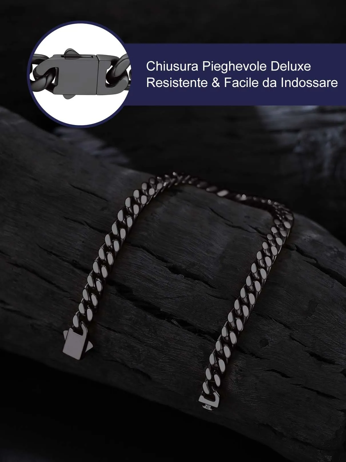 Bandmax Bracciale a Catena Cubana in Acciaio Inossidabile Placcato Nero, 5 mm x 23 cm - immagine 5