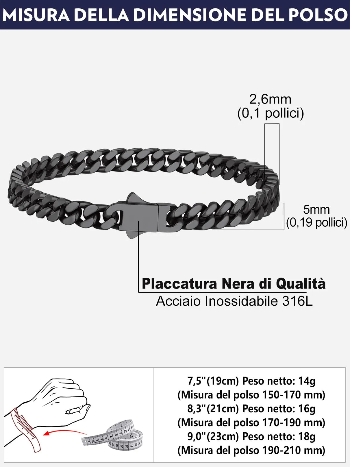 Bandmax Bracciale a Catena Cubana in Acciaio Inossidabile Placcato Nero, 5 mm x 23 cm - immagine 7