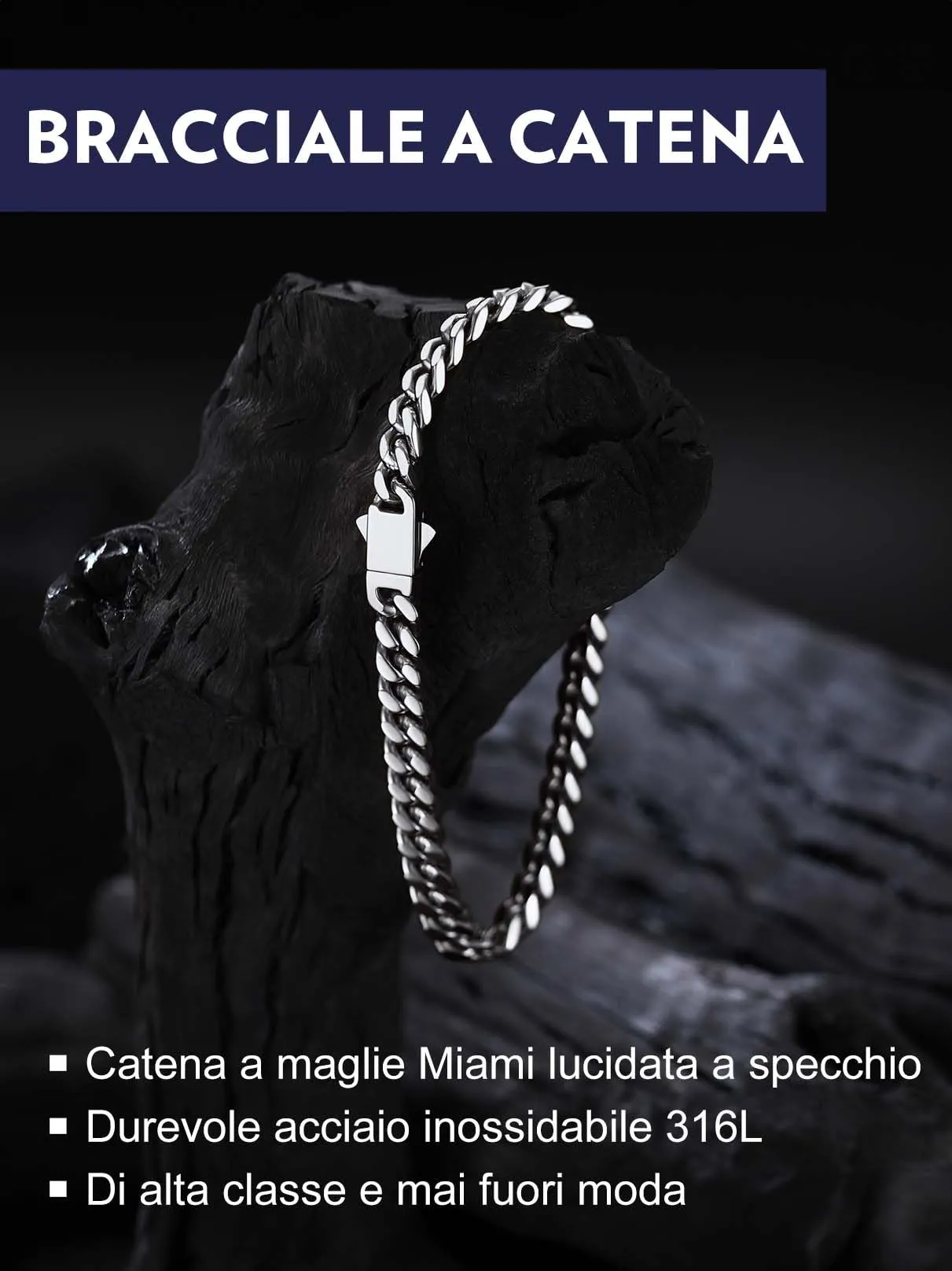 Bandmax Bracciale a Catena Cubana in Acciaio Inossidabile, 5 mm x 21 cm - immagine 5