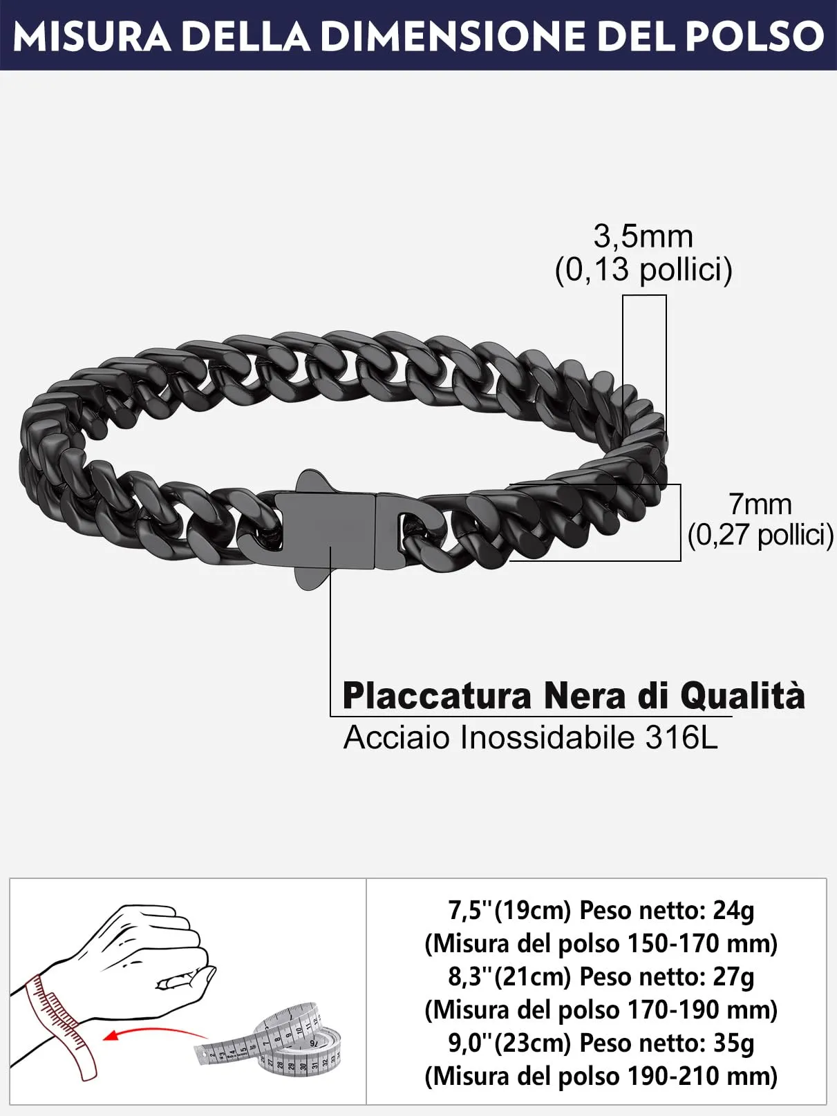 Bandmax Bracciale a Catena Cubana in Acciaio Inossidabile Placcato Nero, 7 mm x 21 cm - immagine 7