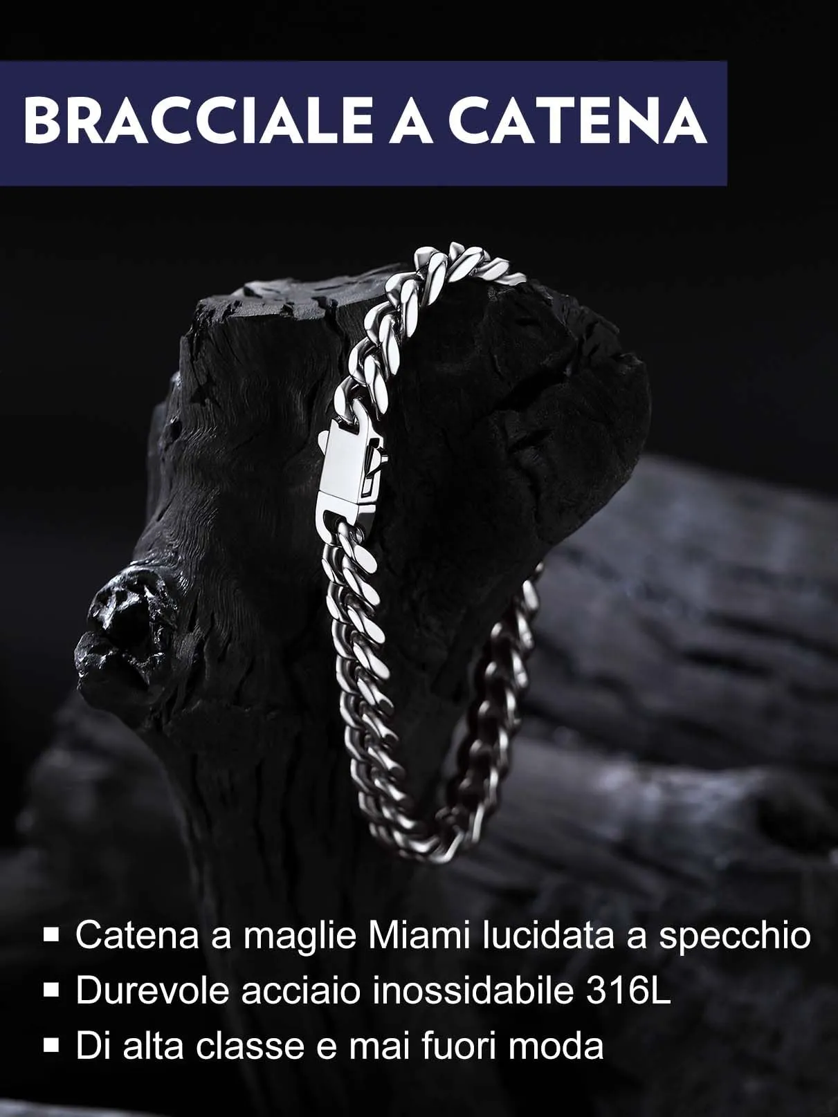Bandmax Bracciale a Catena Cubana in Acciaio Inossidabile, 7 mm x 23 cm - immagine 4