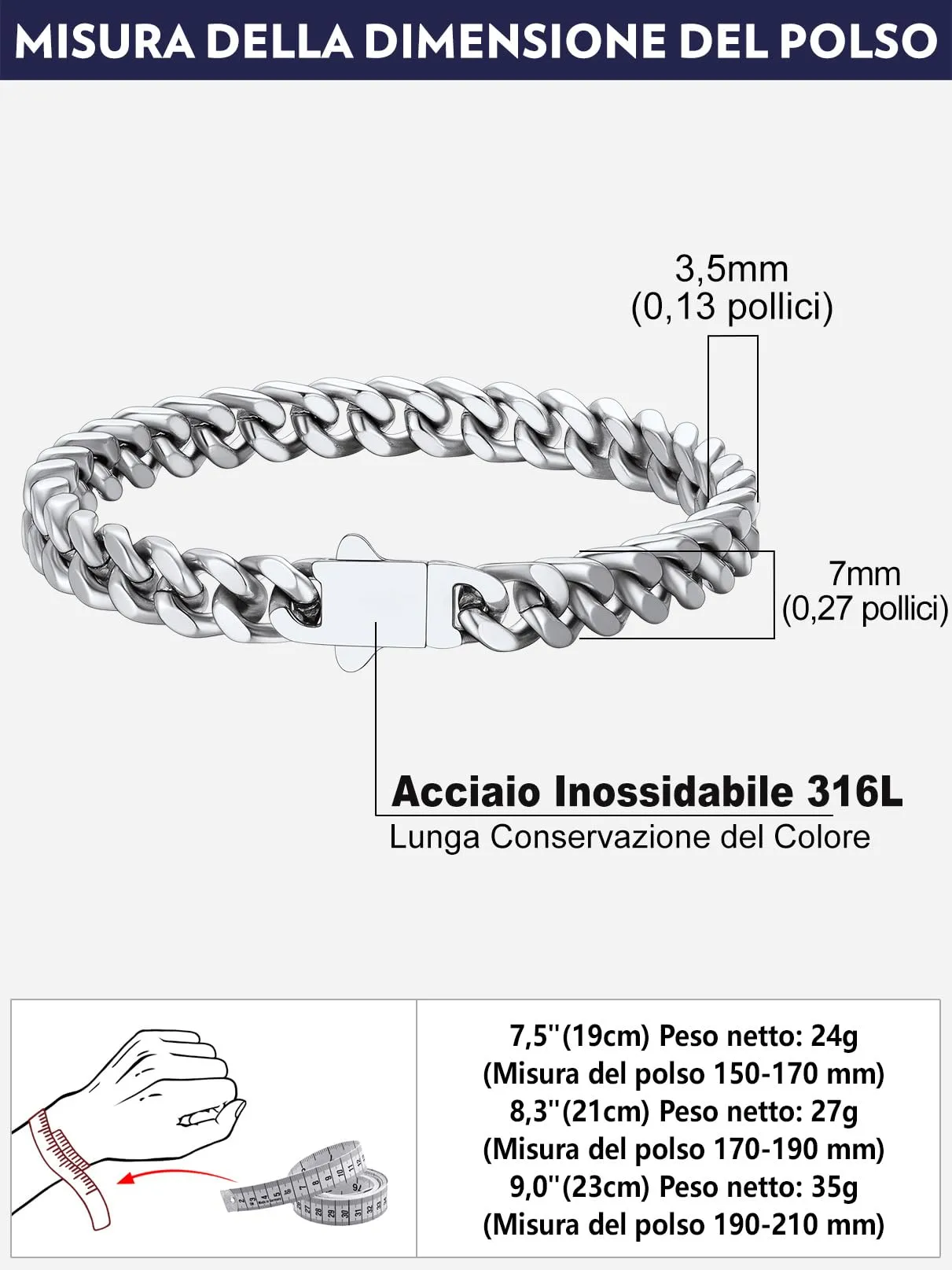 Bandmax Bracciale a Catena Cubana in Acciaio Inossidabile, 7 mm x 23 cm - immagine 7