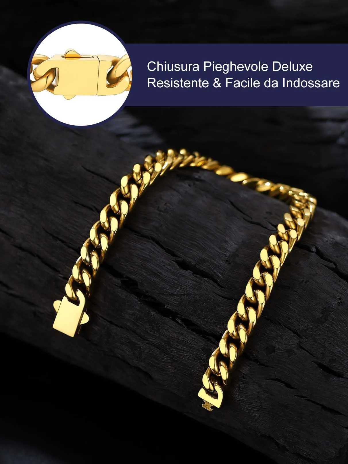 Bandmax Bracciale a Catena Cubana in Acciaio Inossidabile Placcato Oro 18K, 7 mm x 23 cm - immagine 5