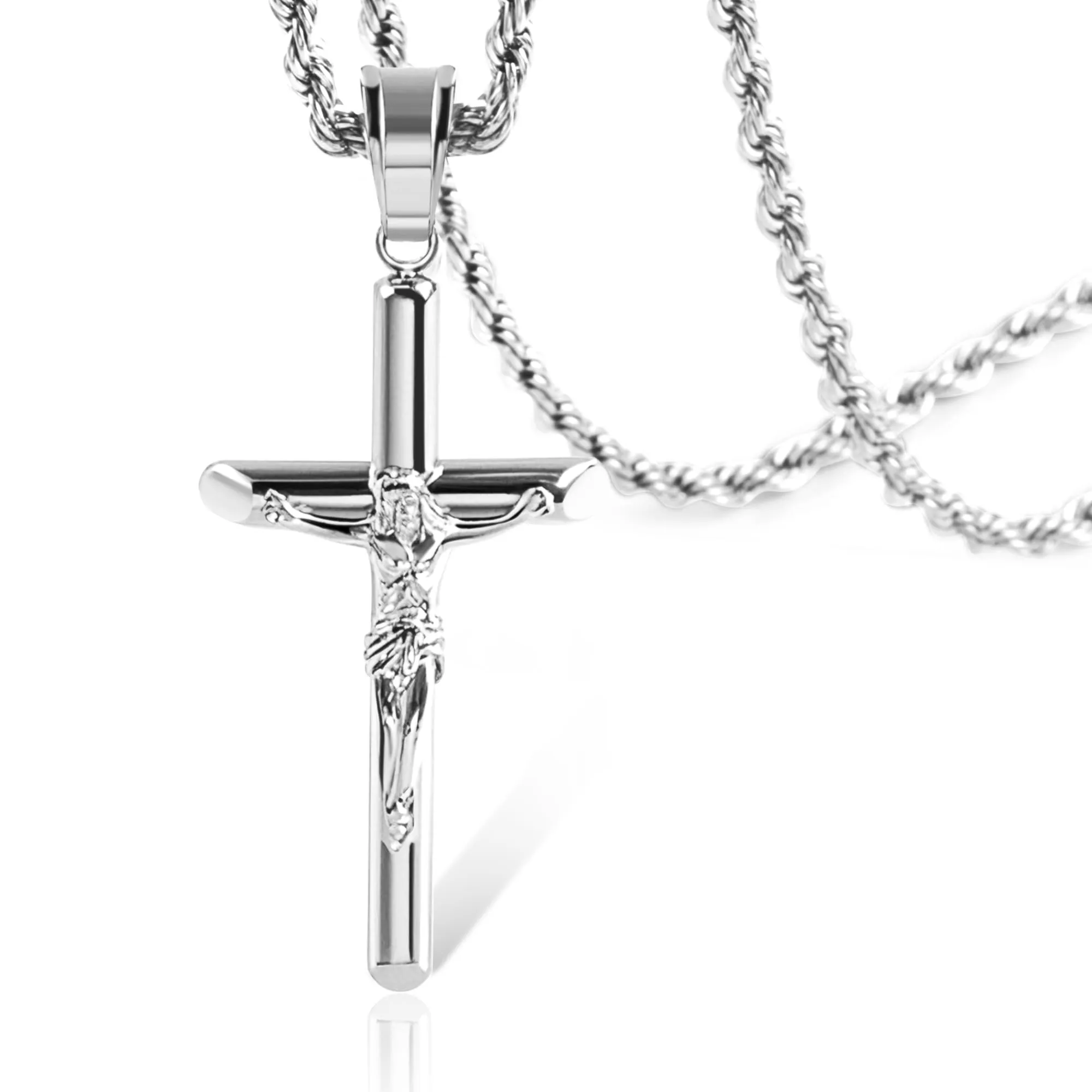 ALEXCRAFT Collana Uomo in Acciaio Inossidabile Placcata Oro Bianco con Ciondolo Croce e Catena a Treccia, 55+5 cm - immagine 1