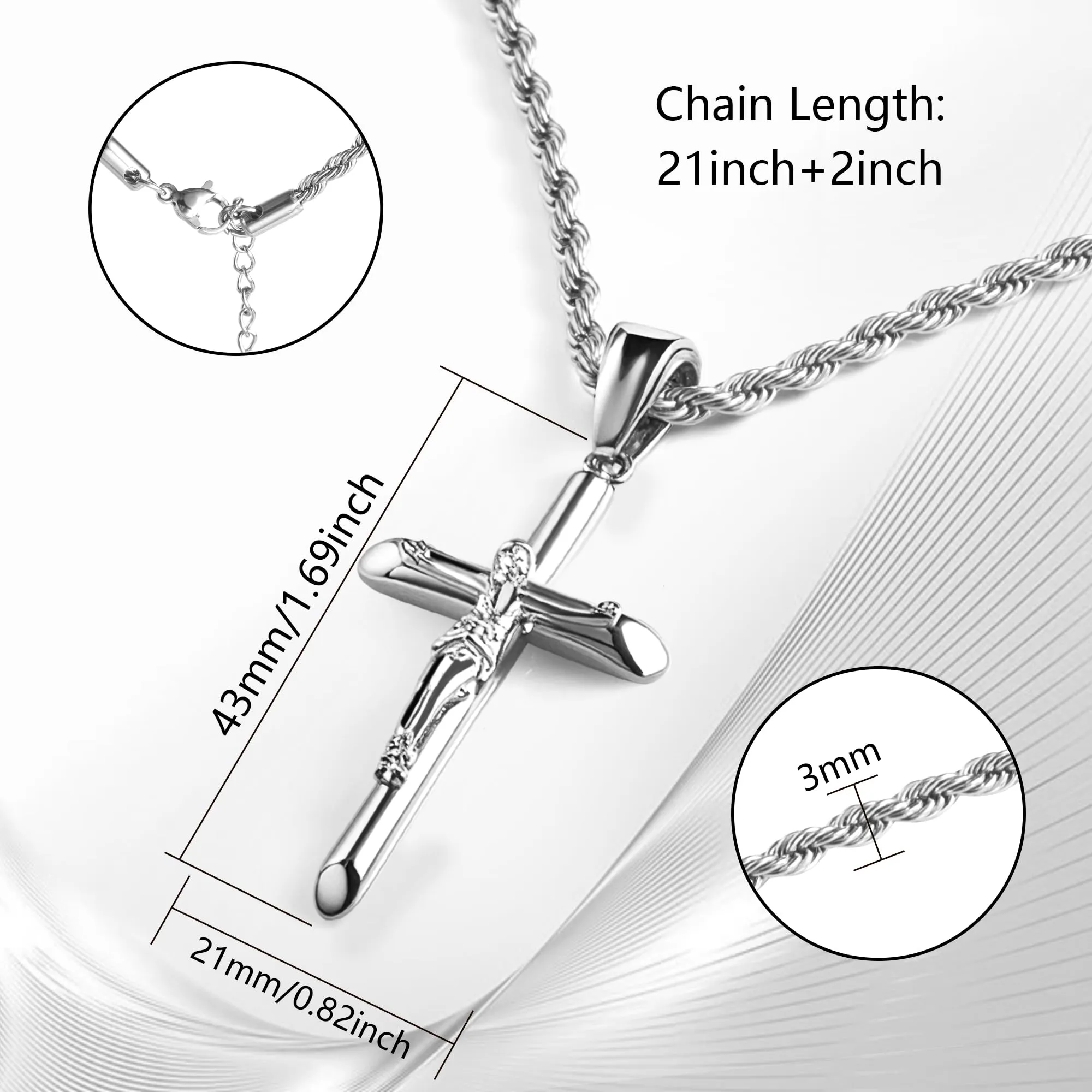 ALEXCRAFT Collana Uomo in Acciaio Inossidabile Placcata Oro Bianco con Ciondolo Croce e Catena a Treccia, 55+5 cm - immagine 5