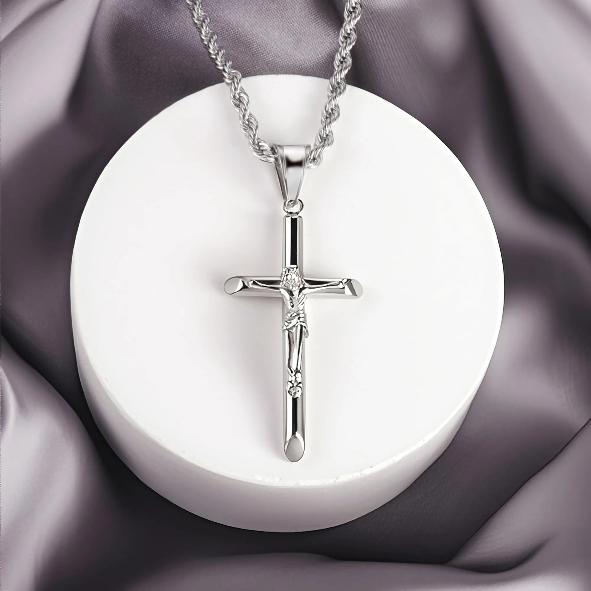 ALEXCRAFT Collana Uomo in Acciaio Inossidabile Placcata Oro Bianco con Ciondolo Croce e Catena a Treccia, 55+5 cm - immagine 6