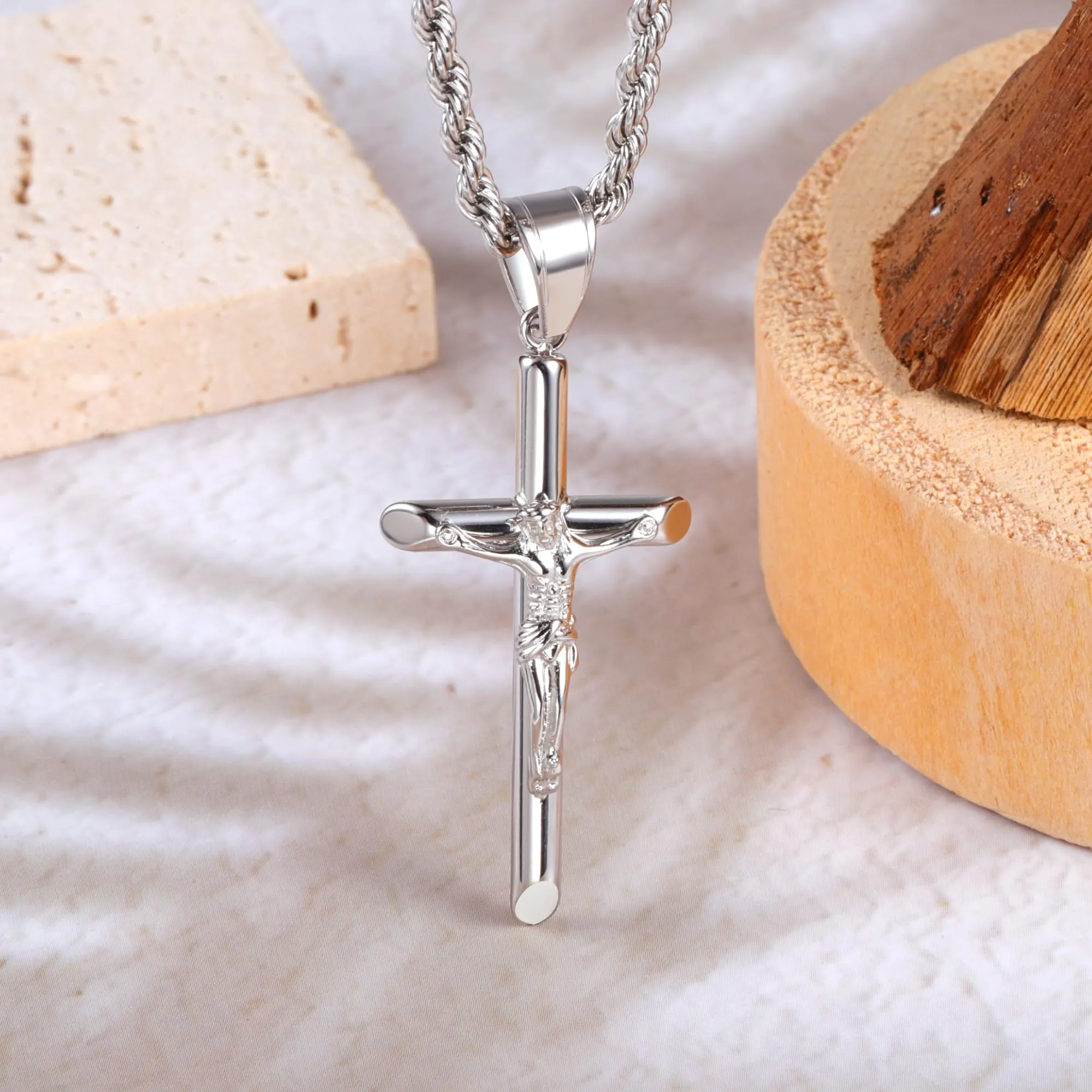 ALEXCRAFT Collana Uomo in Acciaio Inossidabile Placcata Oro Bianco con Ciondolo Croce e Catena a Treccia, 55+5 cm - immagine 7