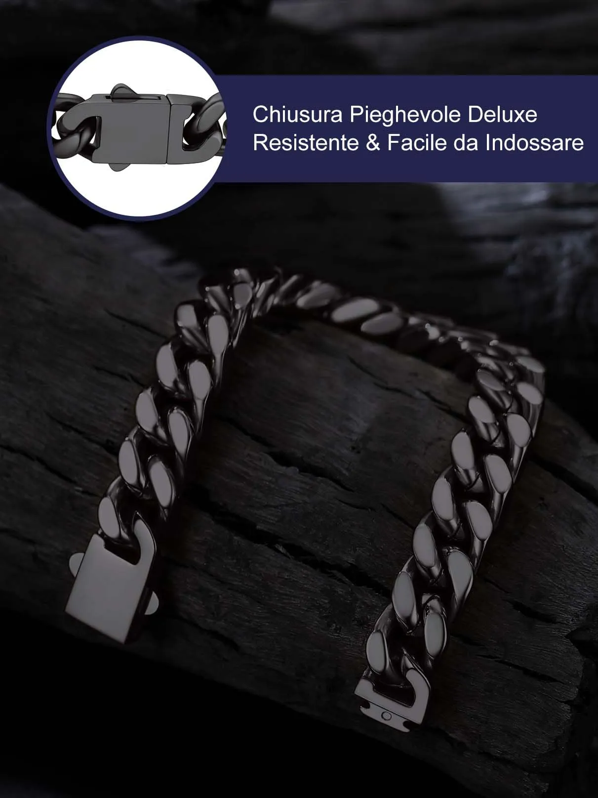 Bandmax Bracciale a Catena Cubana in Acciaio Inossidabile Placcato Nero, 12 mm x 23 cm - immagine 5