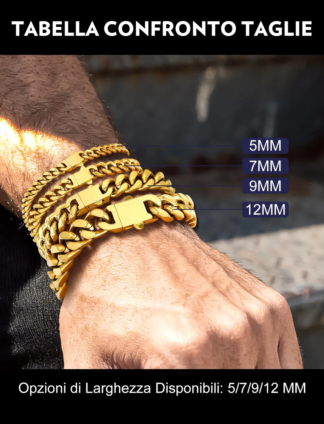 Bandmax Bracciale a Catena Cubana in Acciaio Inossidabile Placcato Oro 18K, 9 mm x 19 cm - immagine 6