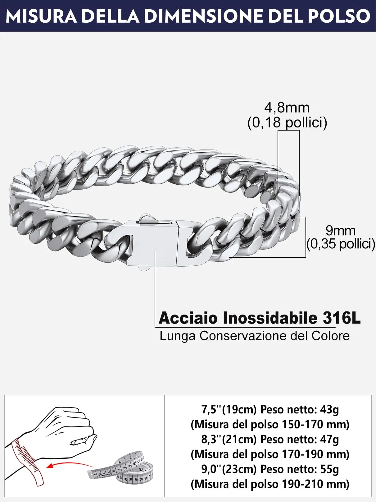 Bandmax Bracciale a Catena Cubana in Acciaio Inossidabile, 9 mm x 23 cm - immagine 7