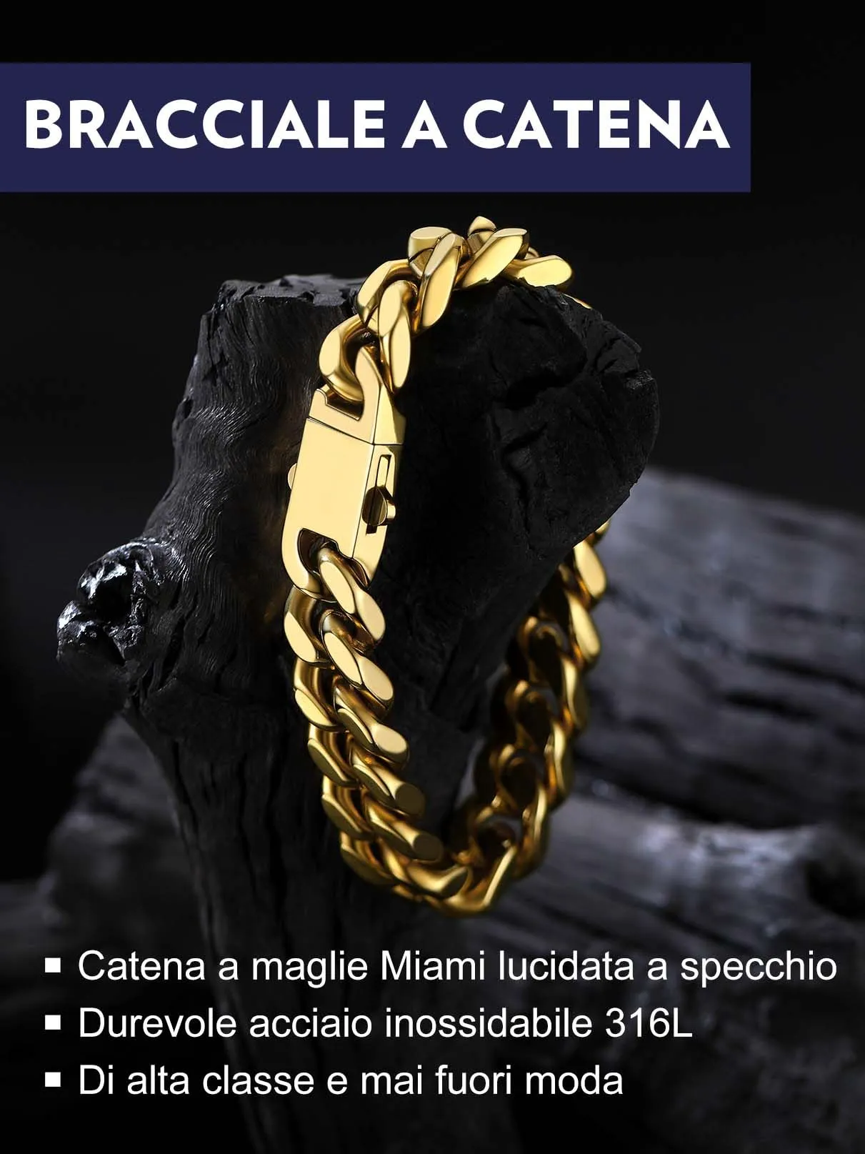 Bandmax Bracciale a Catena Cubana in Acciaio Inossidabile Placcato Oro 18K, 12mm x 21cm - immagine 4