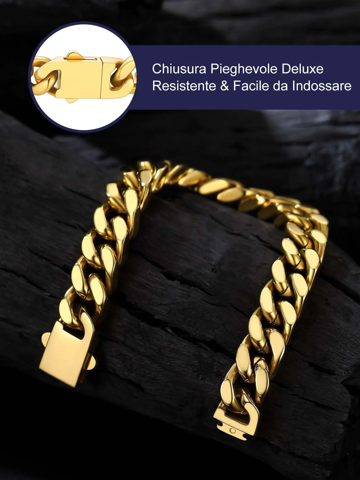 Bandmax Bracciale a Catena Cubana in Acciaio Inossidabile Placcato Oro 18K, 12mm x 21cm - immagine 5