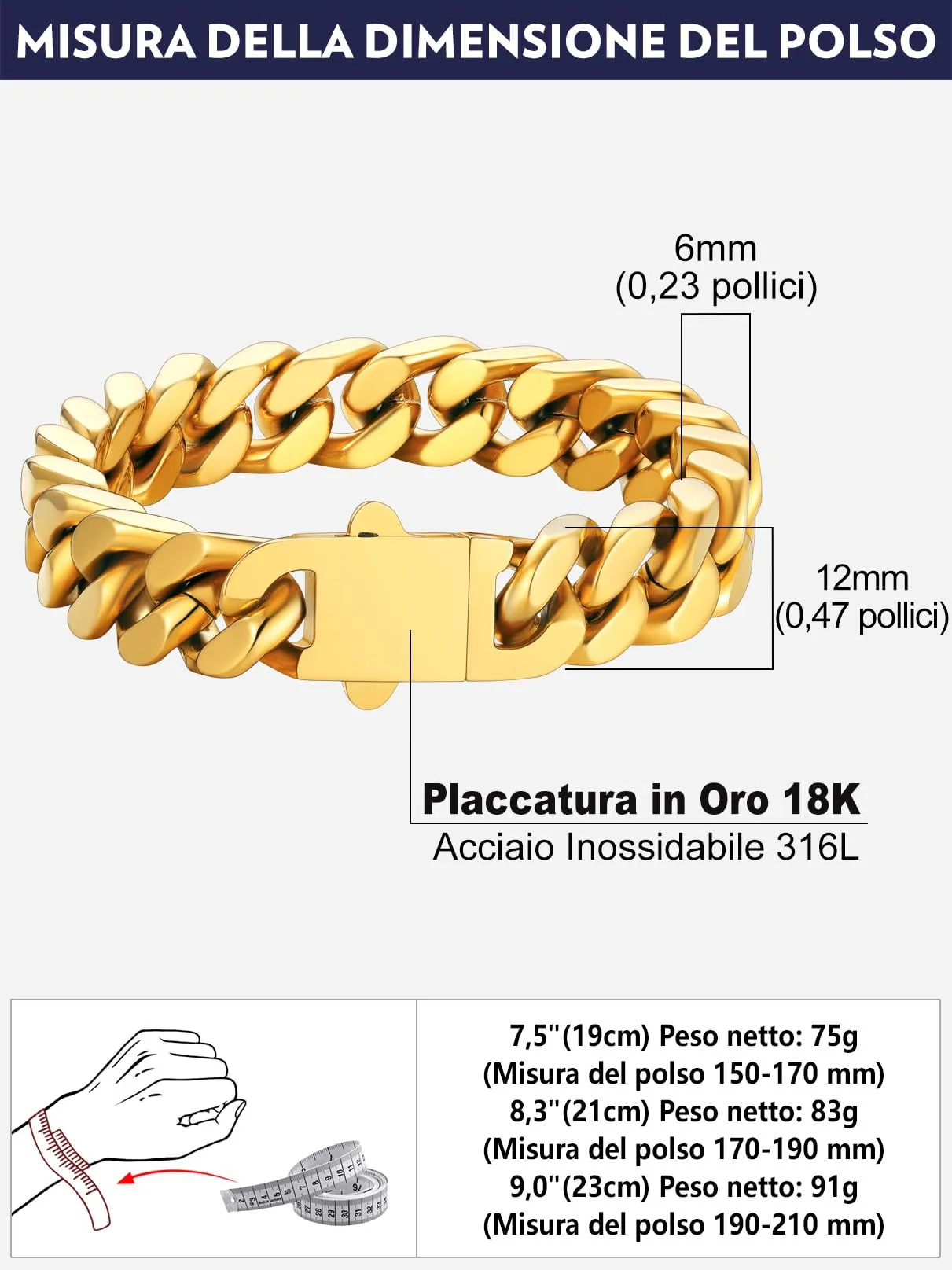 Bandmax Bracciale a Catena Cubana in Acciaio Inossidabile Placcato Oro 18K, 12mm x 21cm - immagine 7
