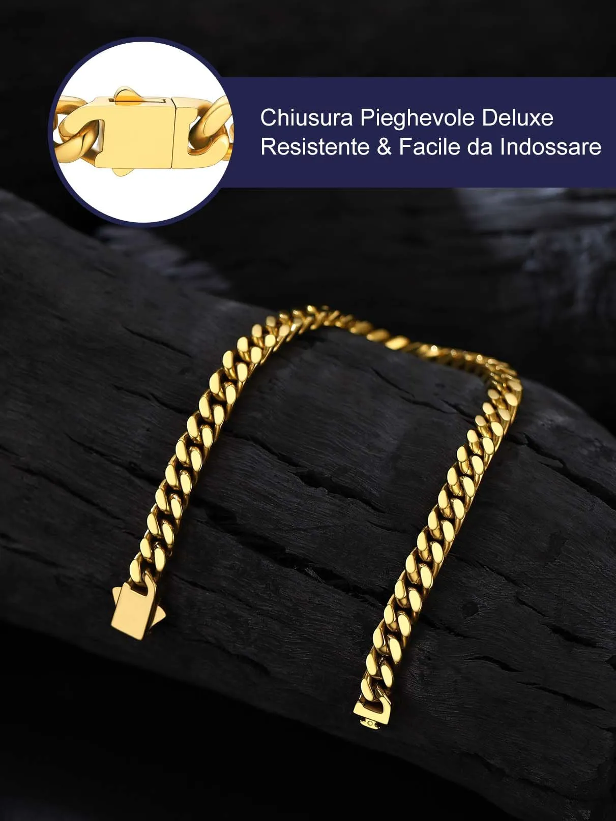 Bandmax Bracciale a Catena Cubana in Acciaio Inossidabile Placcato Oro 18K, 5mm x 23cm - immagine 5