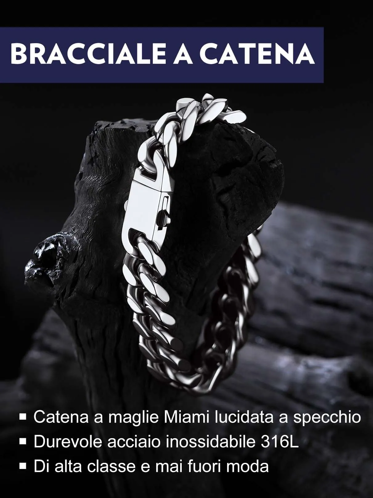 Bandmax Bracciale a Catena Cubana in Acciaio Inossidabile, 12mm x 21cm - immagine 4