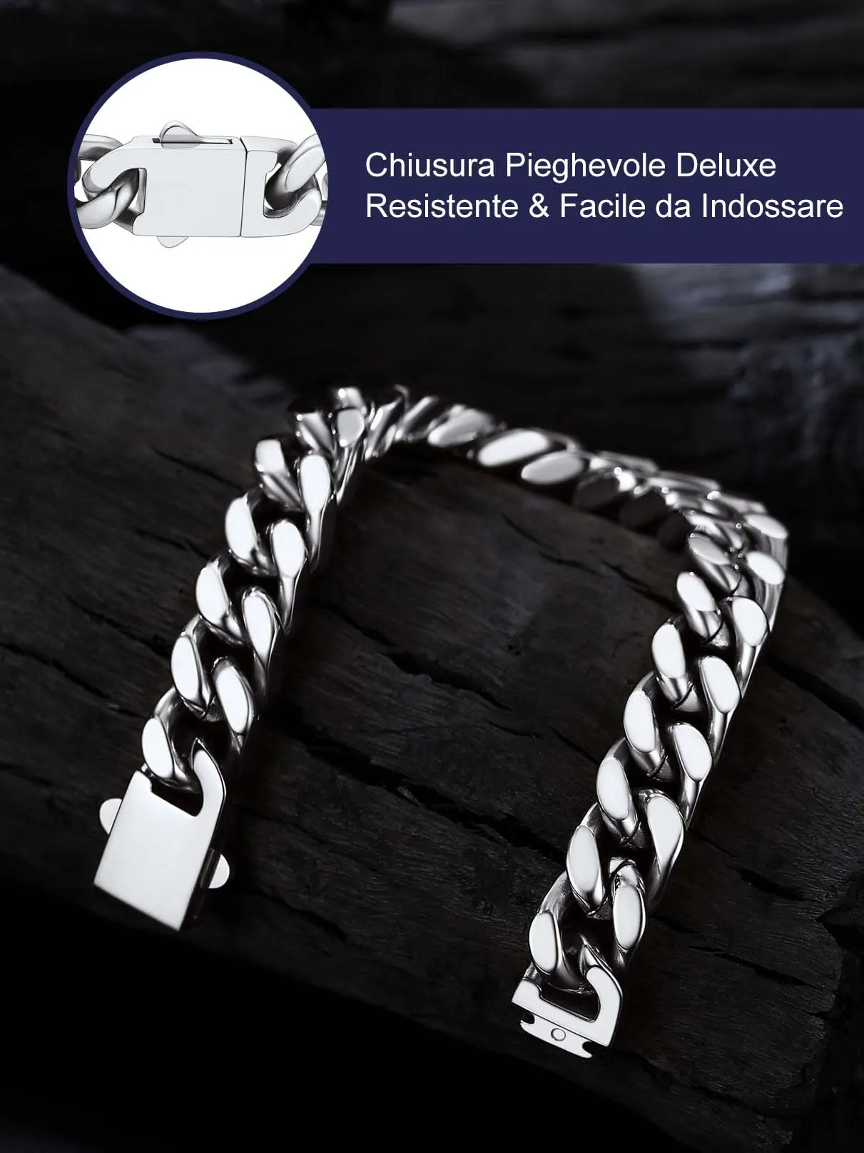 Bandmax Bracciale a Catena Cubana in Acciaio Inossidabile, 12mm x 21cm - immagine 5