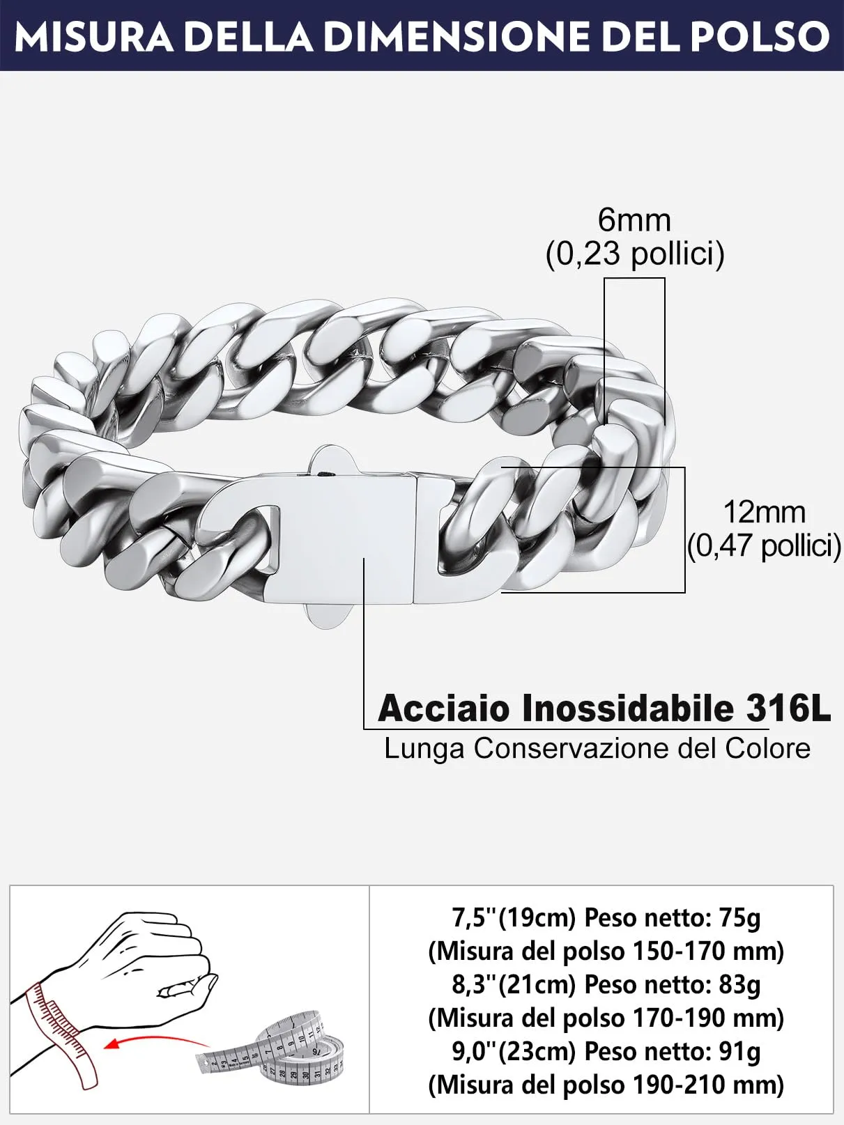 Bandmax Bracciale a Catena Cubana in Acciaio Inossidabile, 12mm x 21cm - immagine 7