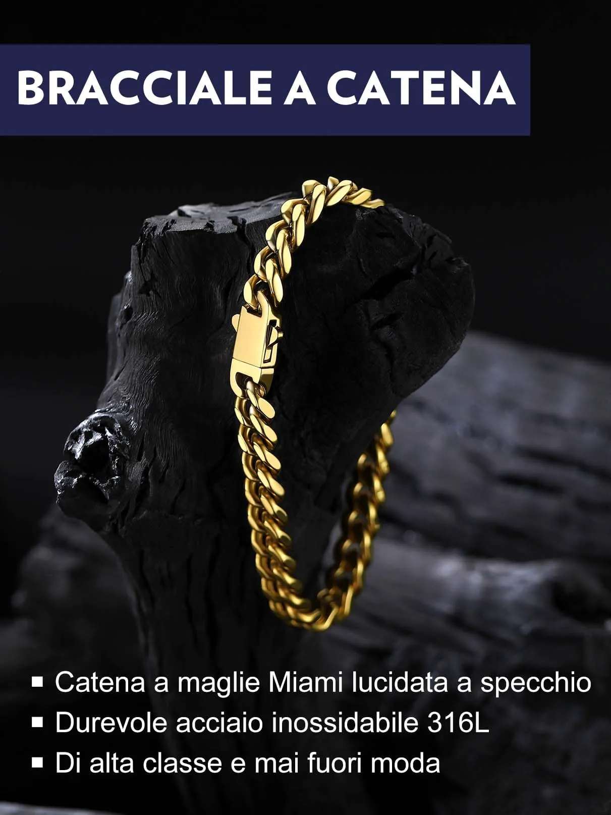 Bandmax Bracciale a Catena Cubana in Acciaio Inossidabile Placcato Oro 18K, 7mm x 19cm - immagine 4