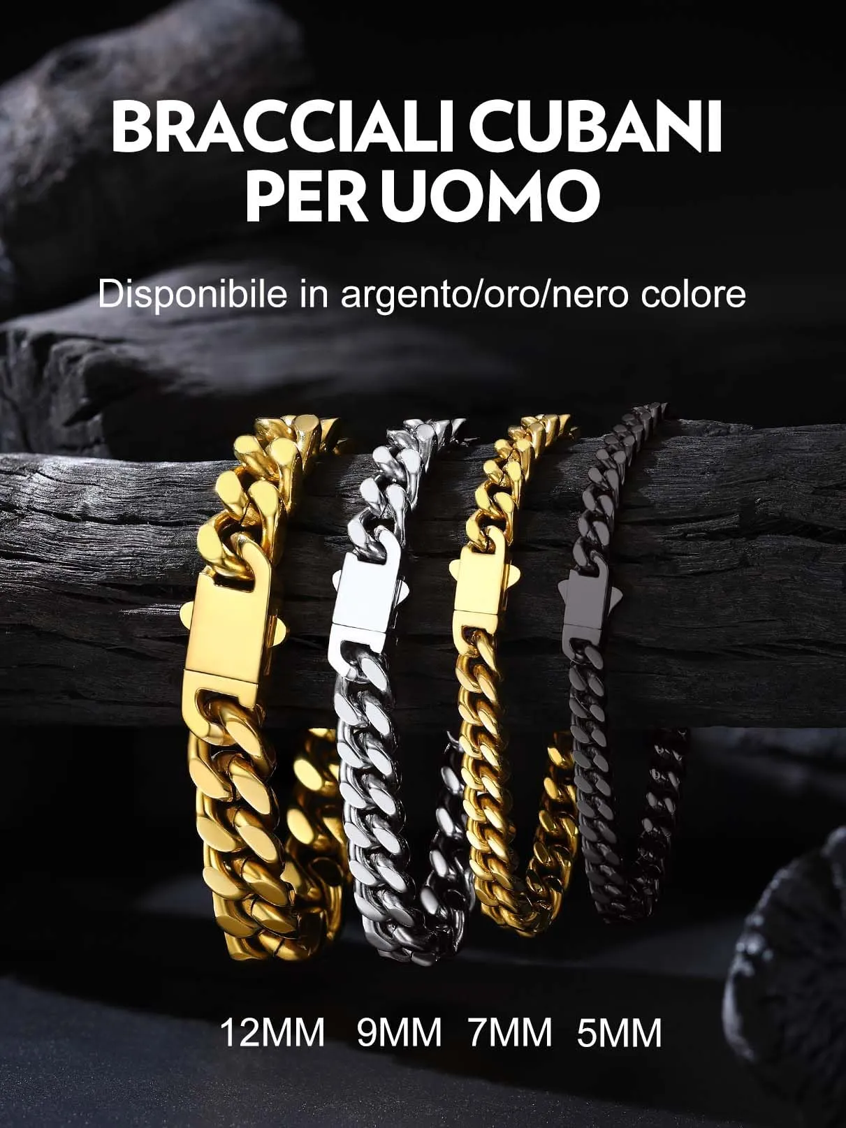 Bandmax Bracciale a Catena Cubana in Acciaio Inossidabile Placcato Oro 18K, 7 mm x 21 cm - immagine 6