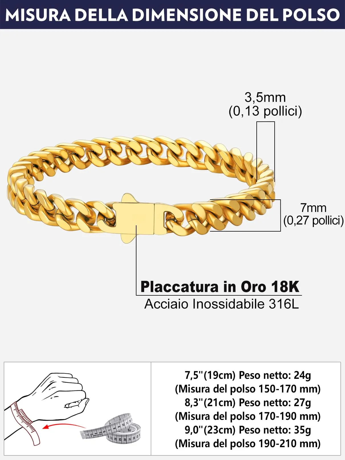 Bandmax Bracciale a Catena Cubana in Acciaio Inossidabile Placcato Oro 18K, 7 mm x 21 cm - immagine 7