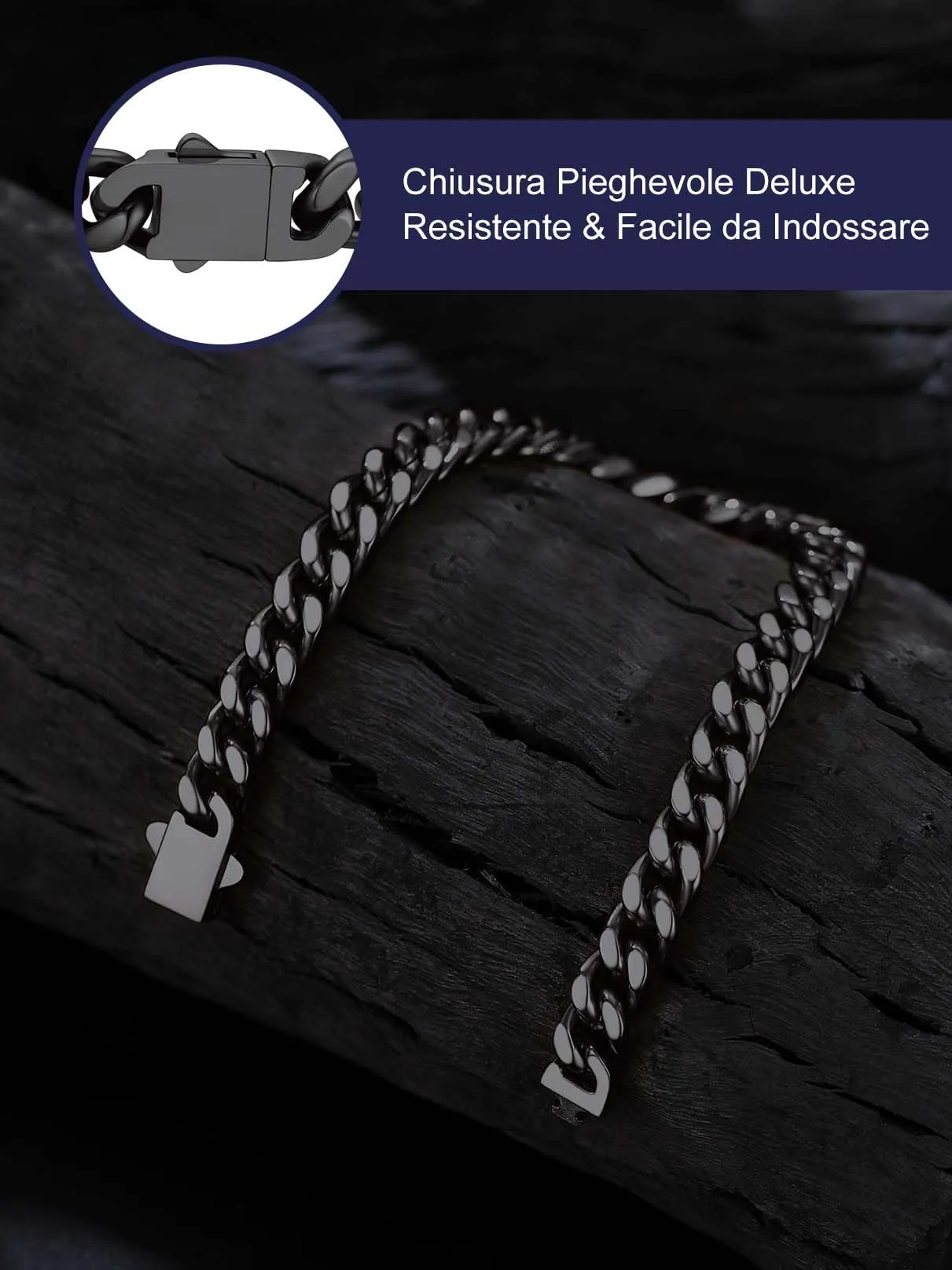 Bandmax Bracciale a Catena Cubana in Acciaio Inossidabile Placcato Nero, 7 mm x 23 cm - immagine 5