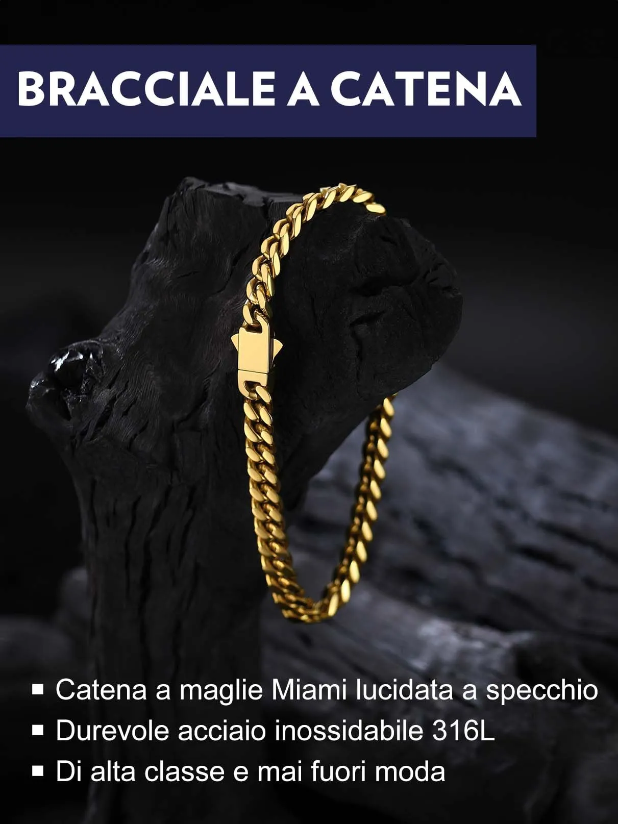 Bandmax Bracciale a Catena Cubana in Acciaio Inossidabile Placcato Oro 18K, 5mm x 21cm - immagine 4