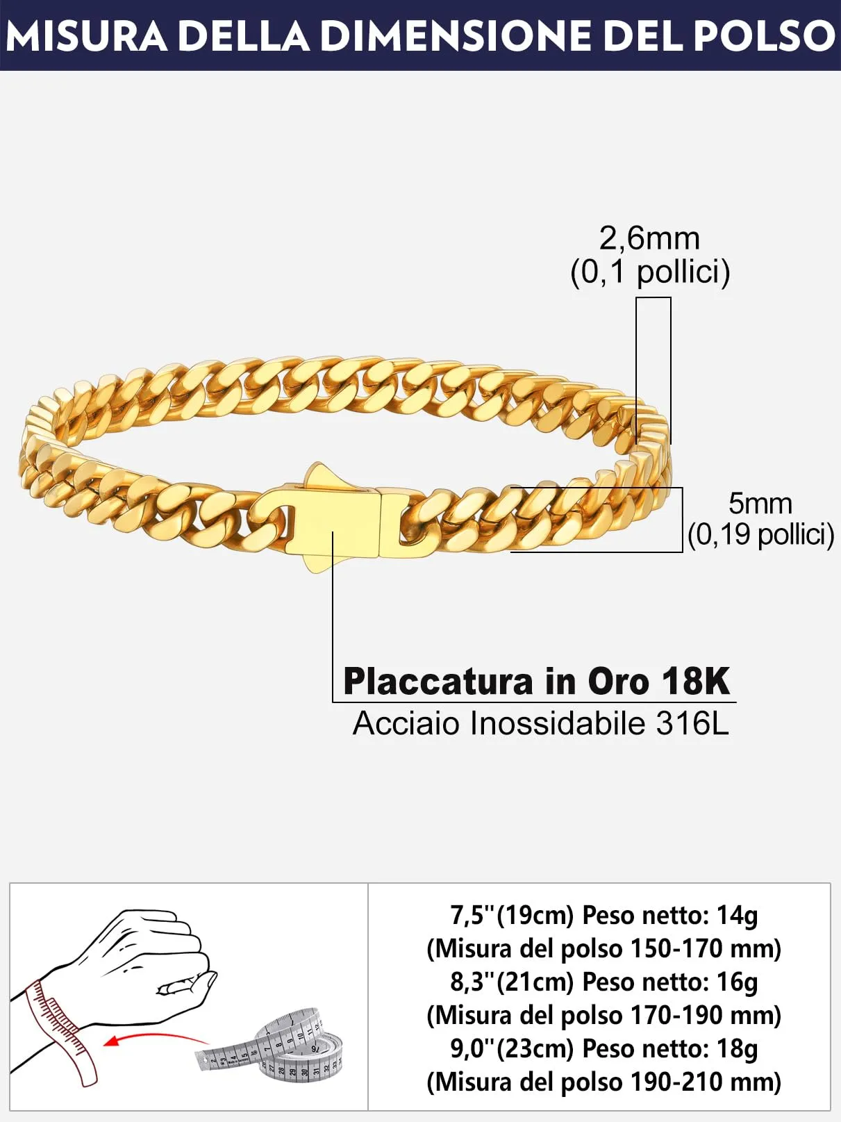 Bandmax Bracciale a Catena Cubana in Acciaio Inossidabile Placcato Oro 18K, 5mm x 21cm - immagine 7