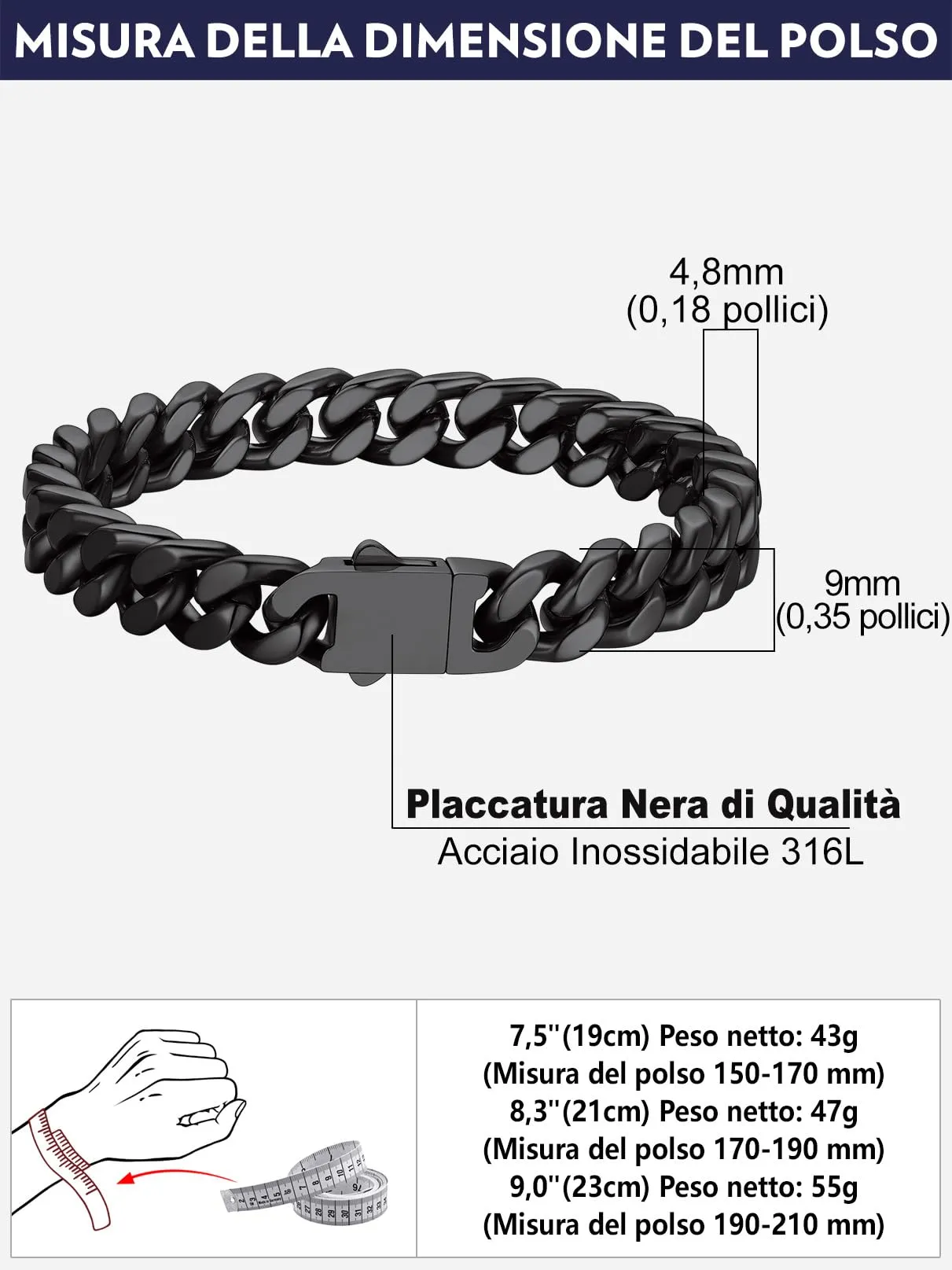Bandmax Bracciale a Catena Cubana in Acciaio Inossidabile Placcato Nero, 9 mm x 19 cm - immagine 7