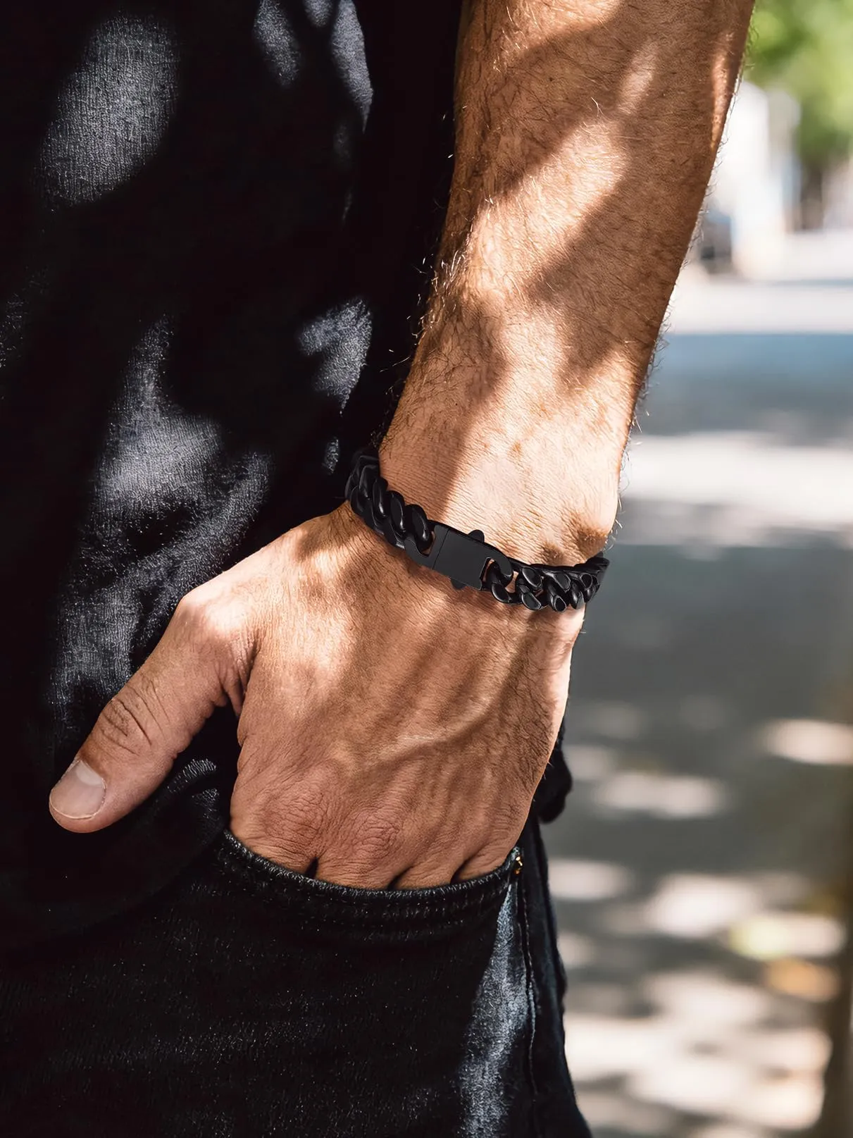 Bandmax Bracciale a Catena Cubana in Acciaio Inossidabile Placcato Nero, 12 mm x 19 cm - immagine 2