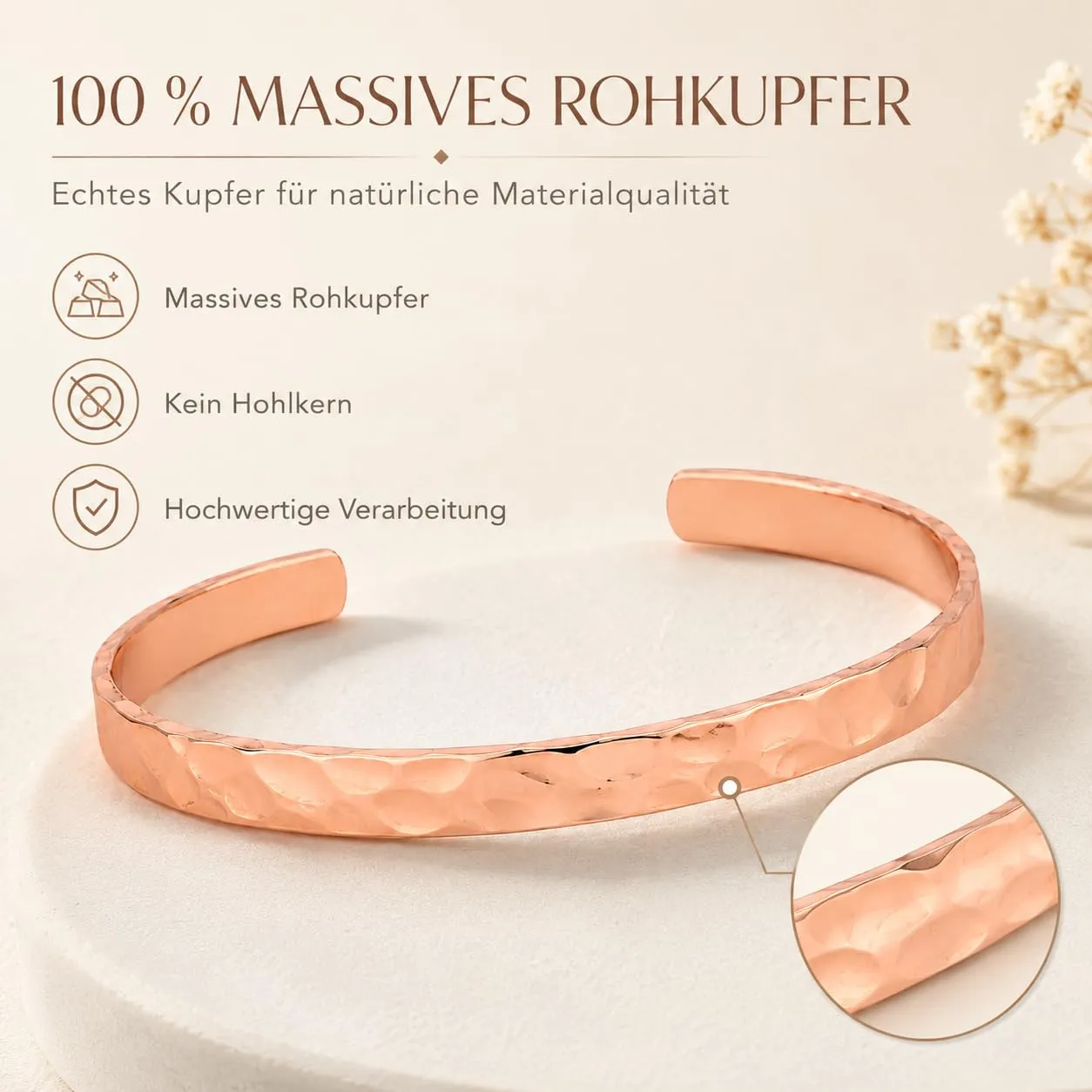 BioMag Bracciale in rame massiccio regolabile per donna, finitura liscia, colore oro rosa - immagine 2