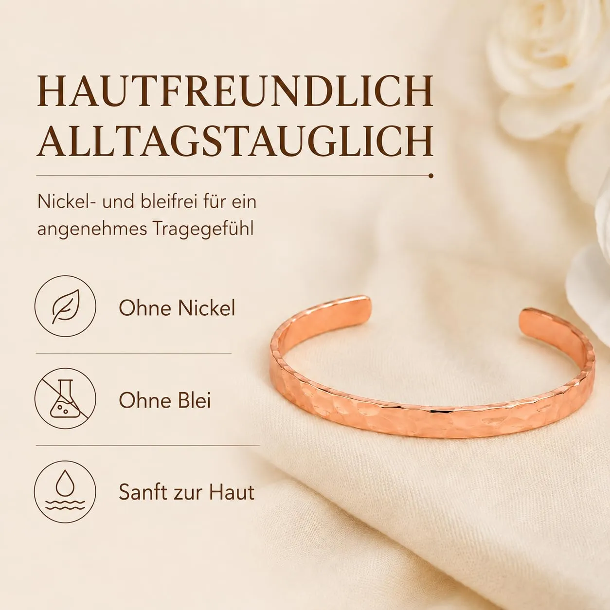 BioMag Bracciale in rame massiccio regolabile per donna, finitura liscia, colore oro rosa - immagine 3