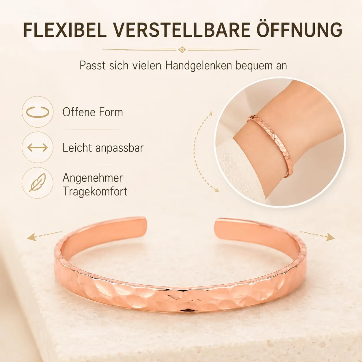 BioMag Bracciale in rame massiccio regolabile per donna, finitura liscia, colore oro rosa - immagine 4