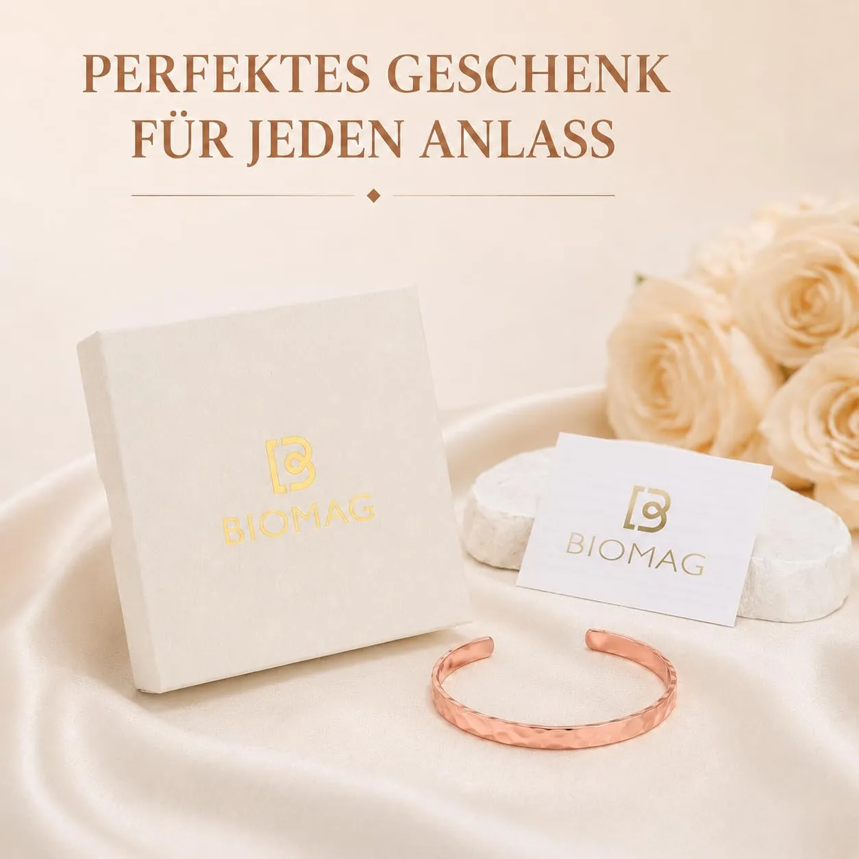 BioMag Bracciale in rame massiccio regolabile per donna, finitura liscia, colore oro rosa - immagine 7