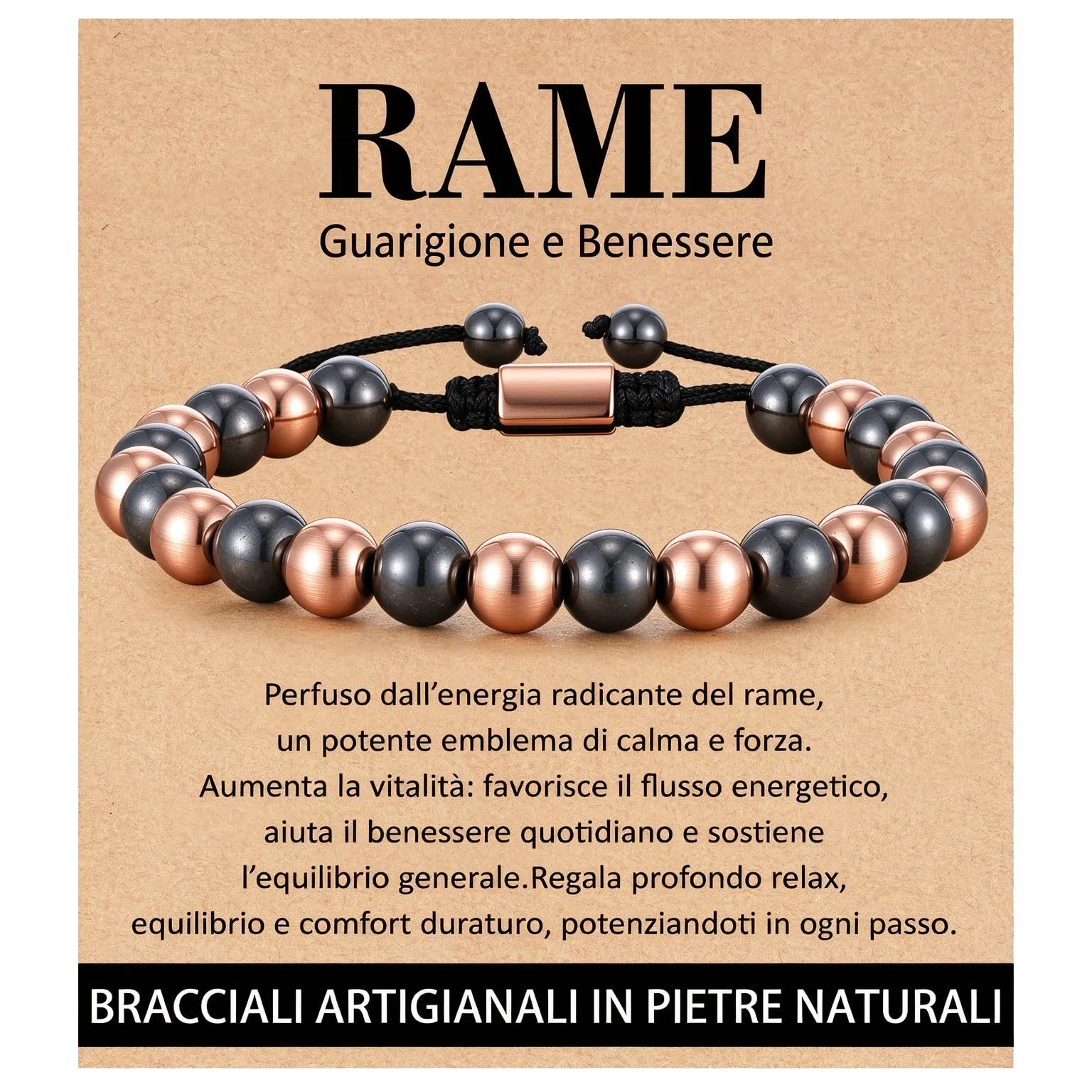 Rajputana Bracciale in Rame Puro ed Ematite per Uomo e Donna, Elastico Regolabile - immagine 1