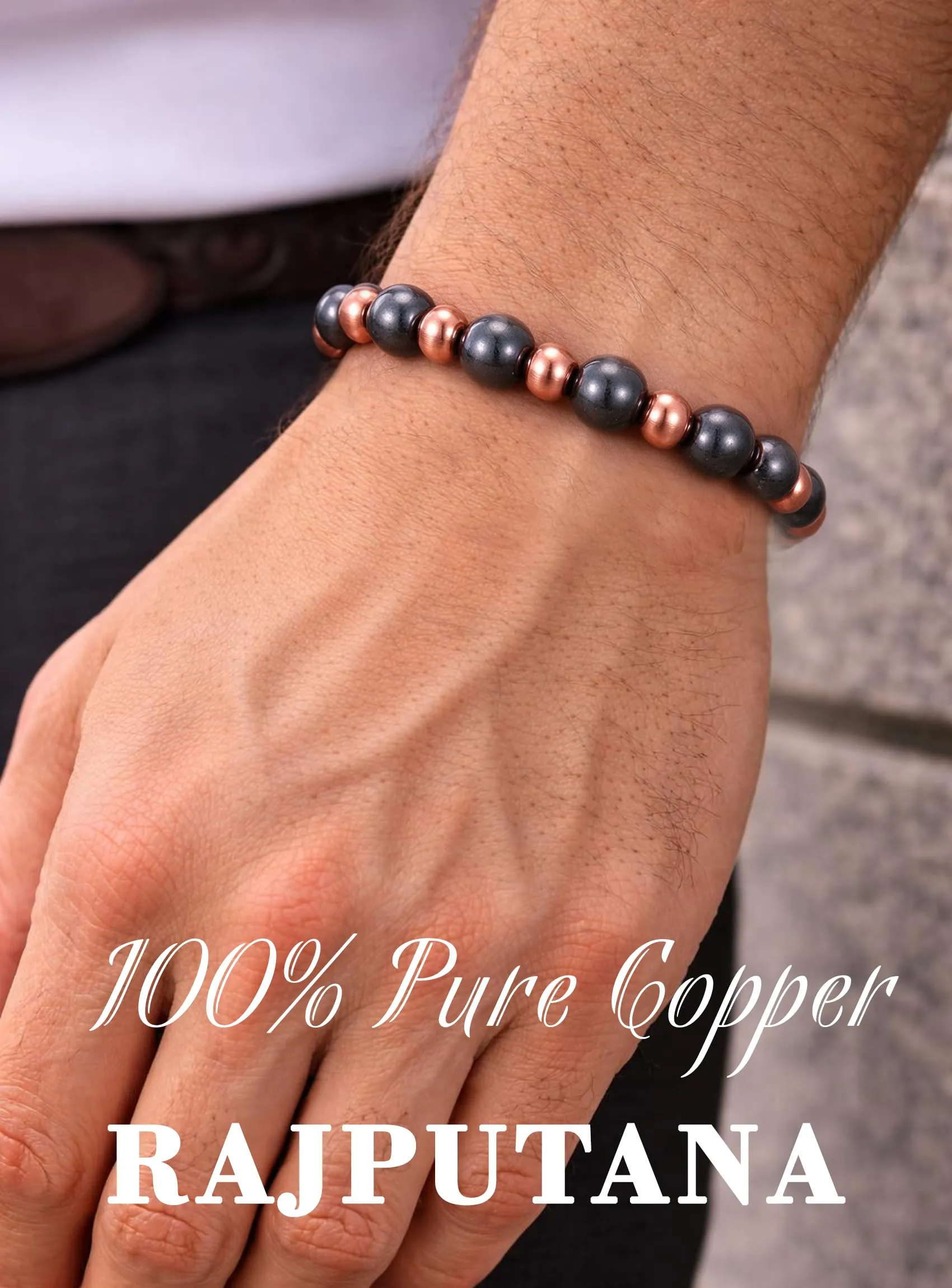 Rajputana Bracciale in Rame Puro ed Ematite per Uomo e Donna, Elastico Regolabile - immagine 2