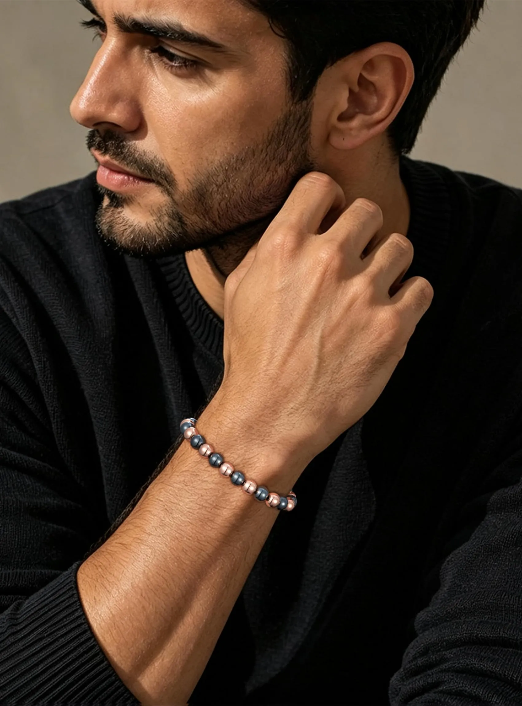 Rajputana Bracciale in Rame Puro ed Ematite per Uomo e Donna, Elastico Regolabile - immagine 3