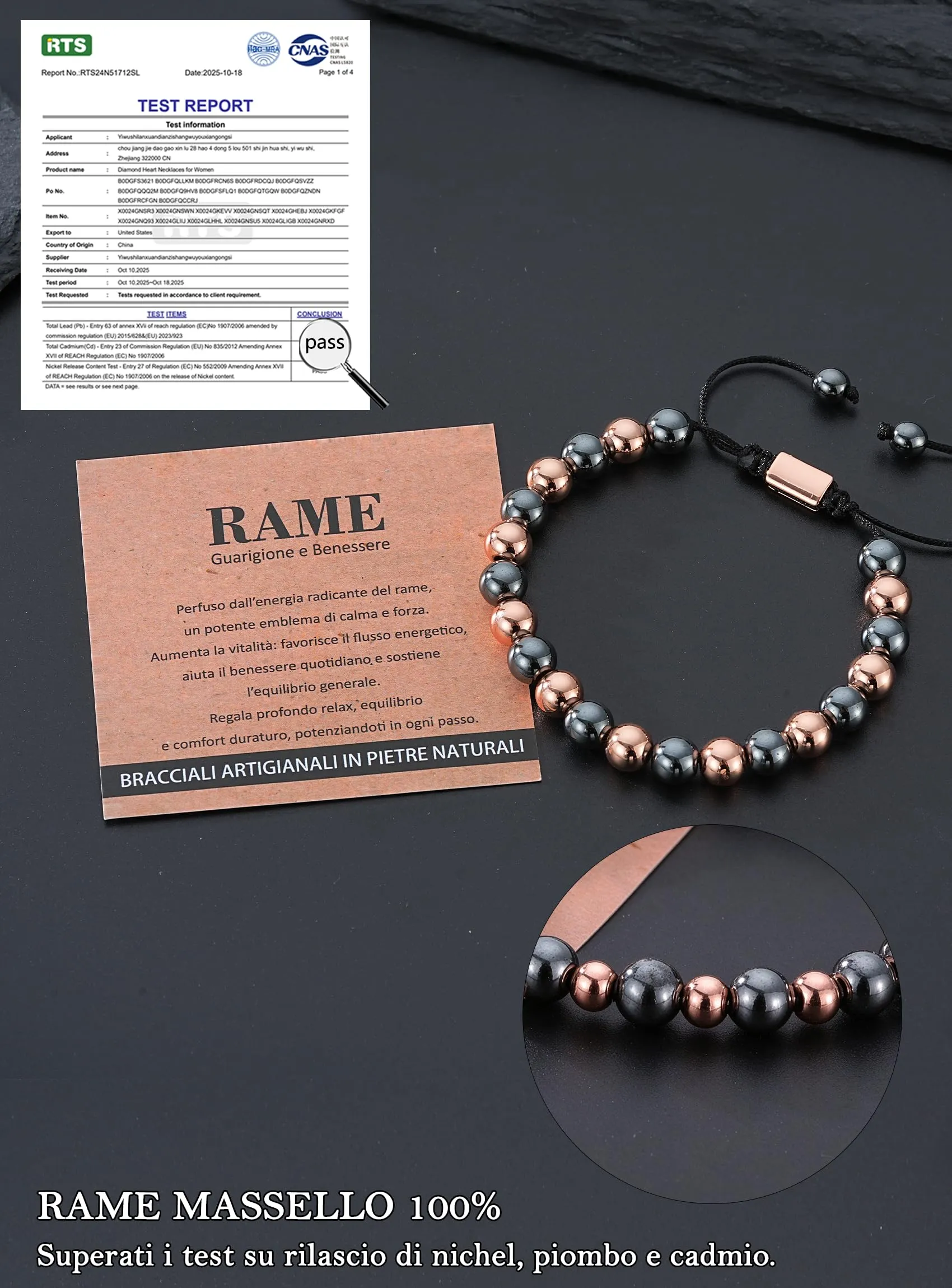 Rajputana Bracciale in Rame Puro ed Ematite per Uomo e Donna, Elastico Regolabile - immagine 5