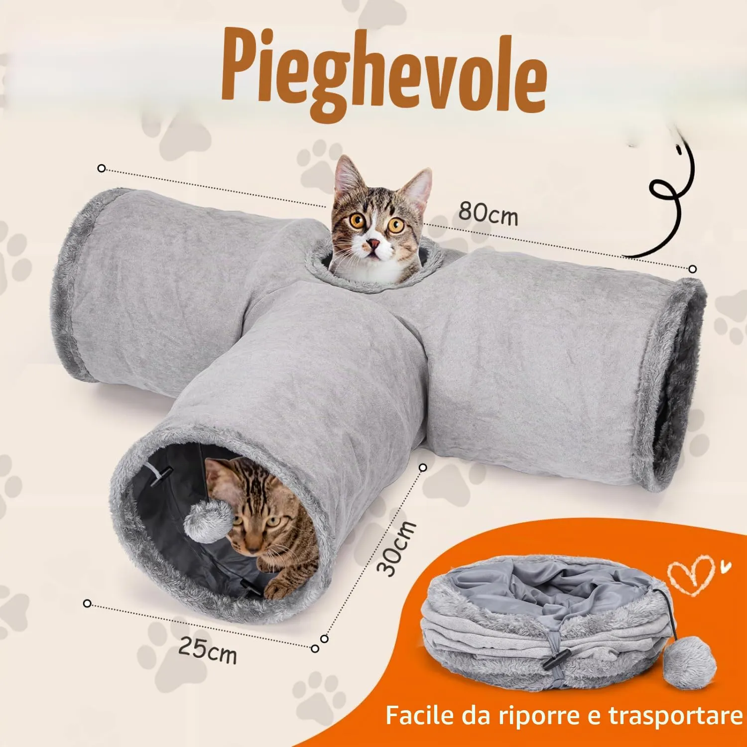 Nobleza Tunnel per Gatti a 3 Vie con Foro e Palla Sospesa, Pieghevole, 80 x 30 cm, Grigio - immagine 2