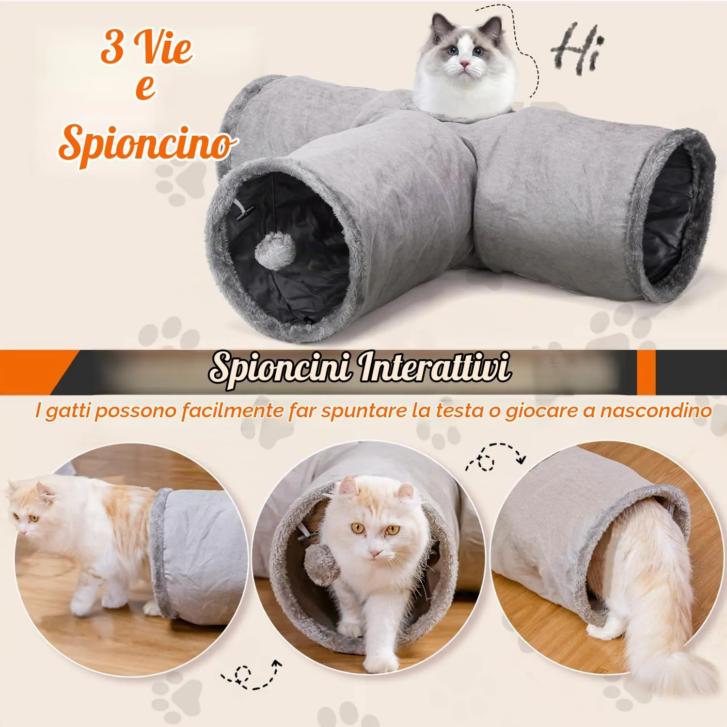 Nobleza Tunnel per Gatti a 3 Vie con Foro e Palla Sospesa, Pieghevole, 80 x 30 cm, Grigio - immagine 3