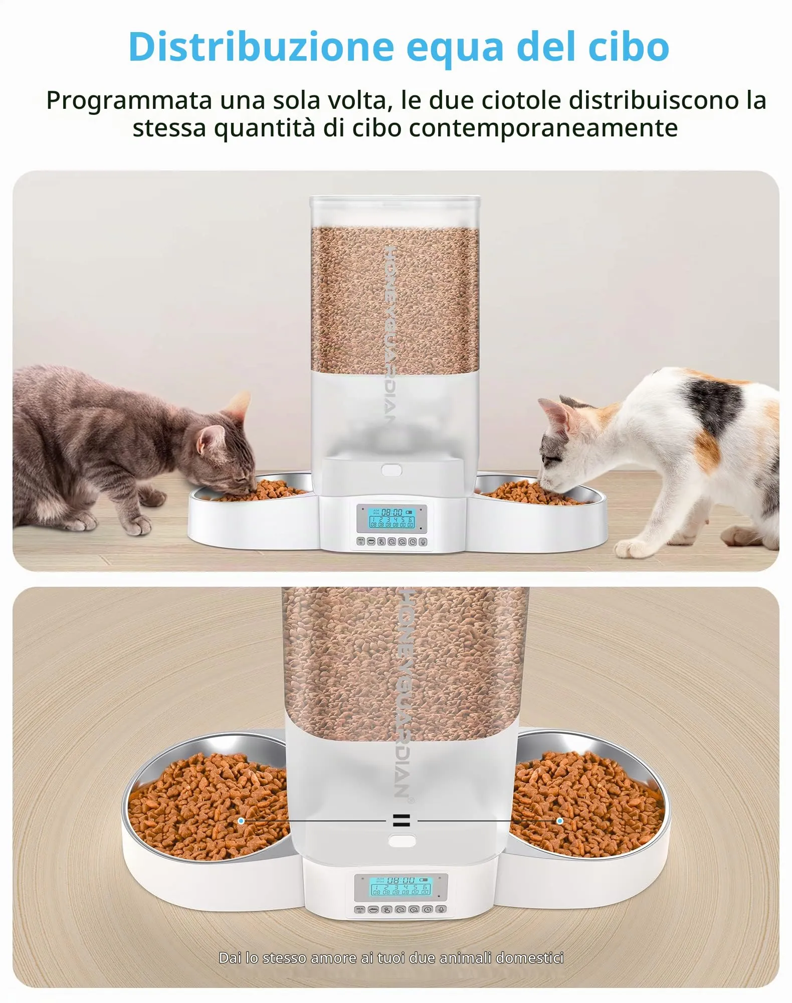 HoneyGuardian Distributore Automatico Cibo Gatti 5L, Dispenser Crocchette con Timer, Registrazione Vocale, Programmabile 1-6 Pasti, Doppia Alimentazione - immagine 2