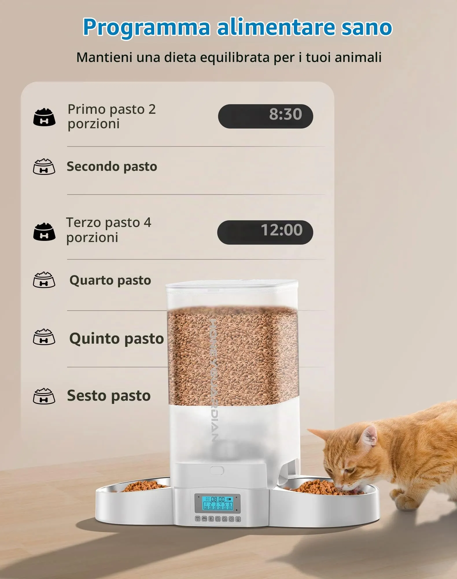 HoneyGuardian Distributore Automatico Cibo Gatti 5L, Dispenser Crocchette con Timer, Registrazione Vocale, Programmabile 1-6 Pasti, Doppia Alimentazione - immagine 3