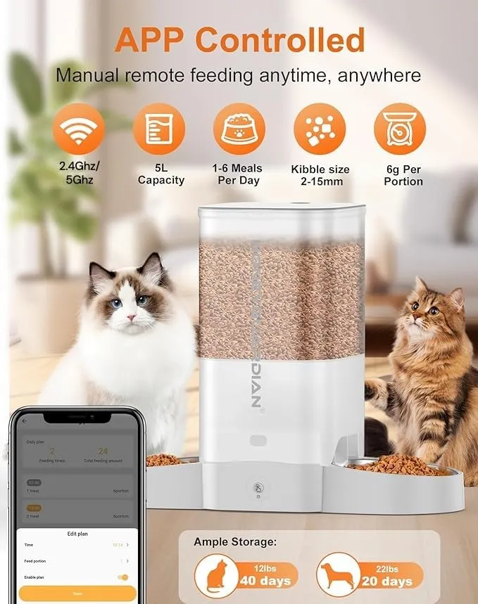 HoneyGuardian 5L Distributore Automatico Cibo Gatti e Cani, WiFi 2.4G/5G, Programmabile 6 Pasti al Giorno, Registrazione Vocale 10s, Doppia Alimentazione, Bianco - immagine 2