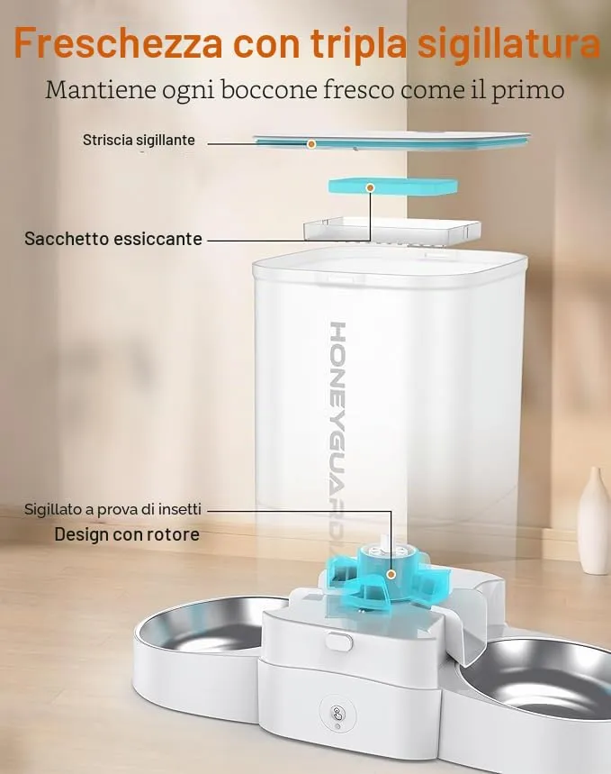 HoneyGuardian 5L Distributore Automatico Cibo Gatti e Cani, WiFi 2.4G/5G, Programmabile 6 Pasti al Giorno, Registrazione Vocale 10s, Doppia Alimentazione, Bianco - immagine 4