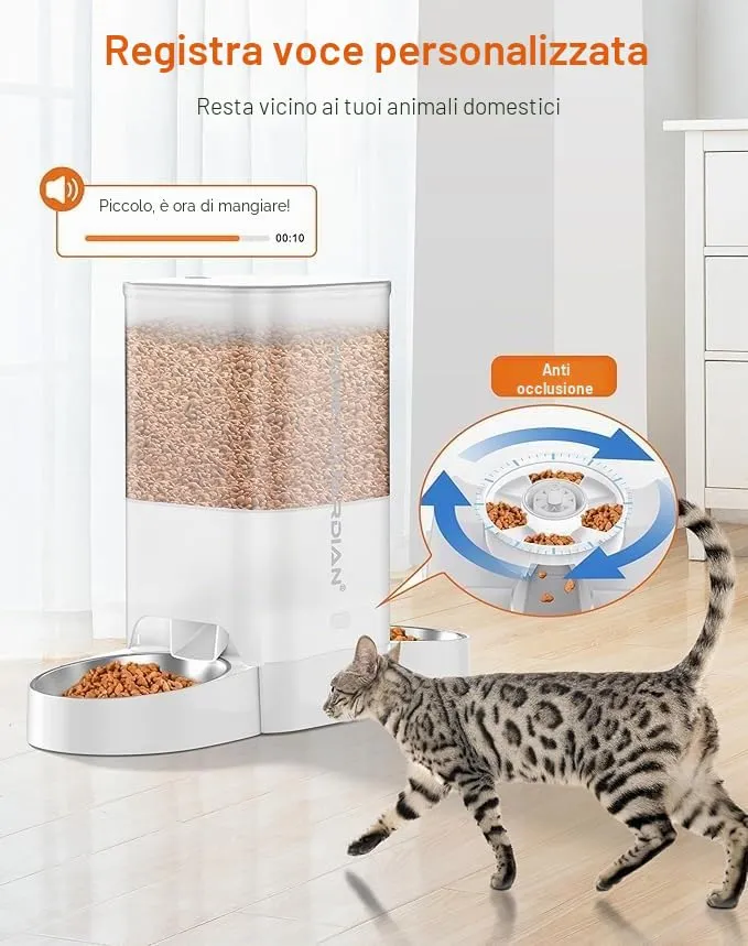 HoneyGuardian 5L Distributore Automatico Cibo Gatti e Cani, WiFi 2.4G/5G, Programmabile 6 Pasti al Giorno, Registrazione Vocale 10s, Doppia Alimentazione, Bianco - immagine 5
