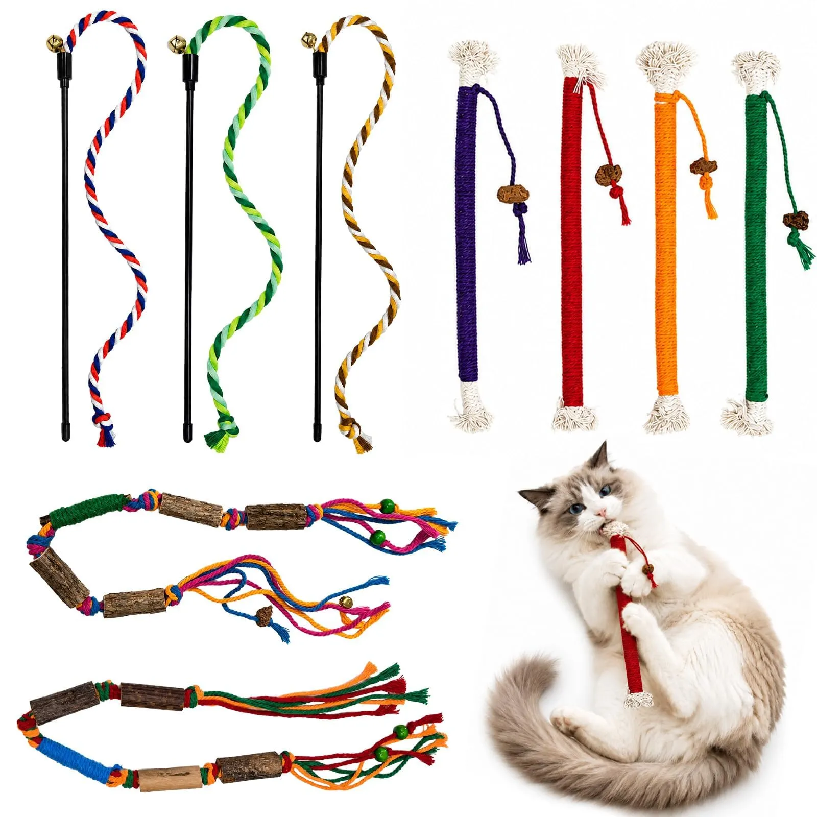 soodyoow Giochi Interattivi per Gatti, Set da 9 Pezzi con Corde di Cotone e Bastoncini di Legno di Actinidia - immagine 1